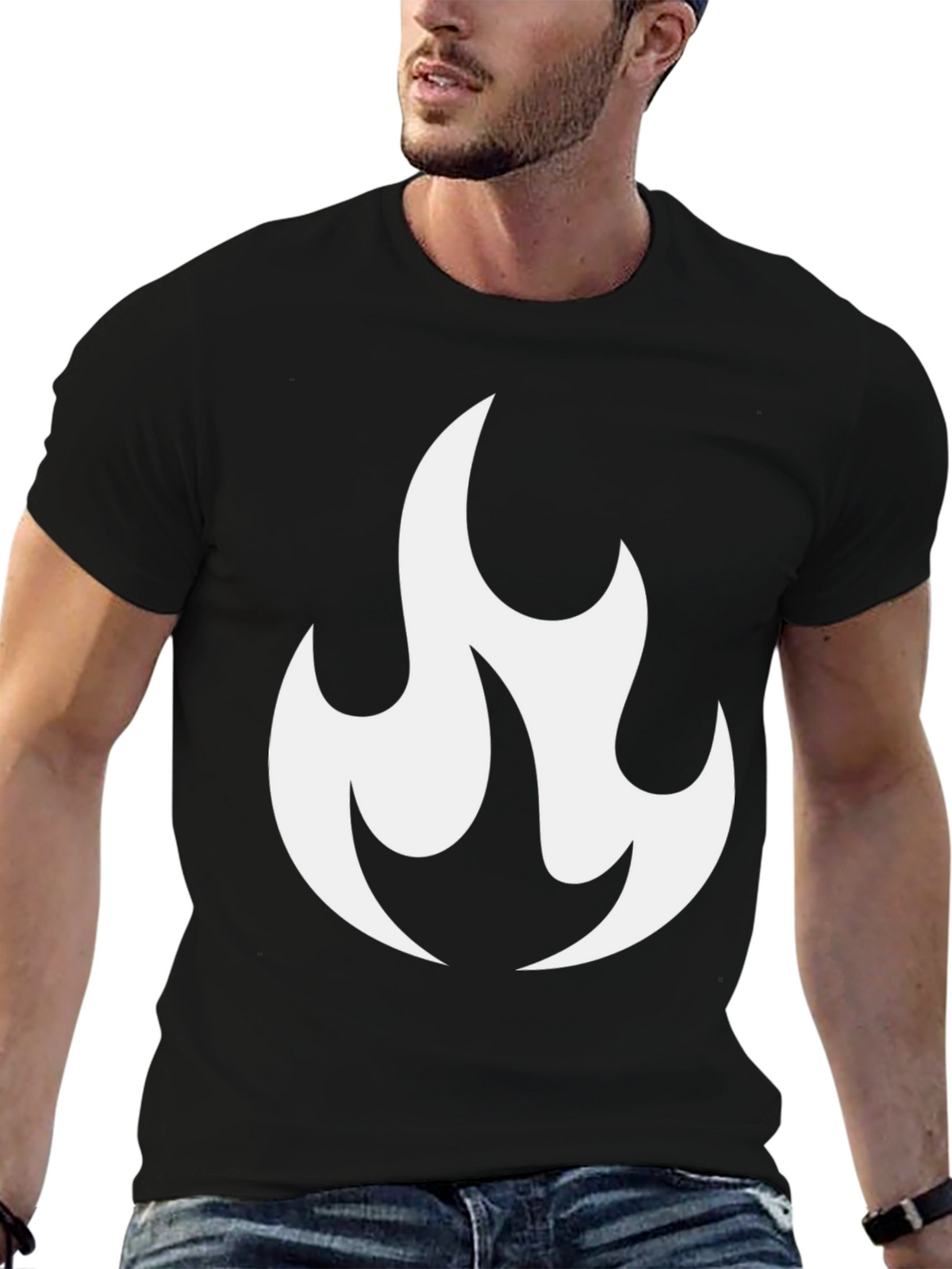 Black T-Shirt with White Flame Graphic