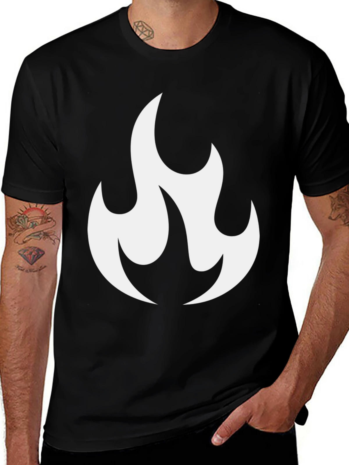 Black T-Shirt with White Flame Graphic