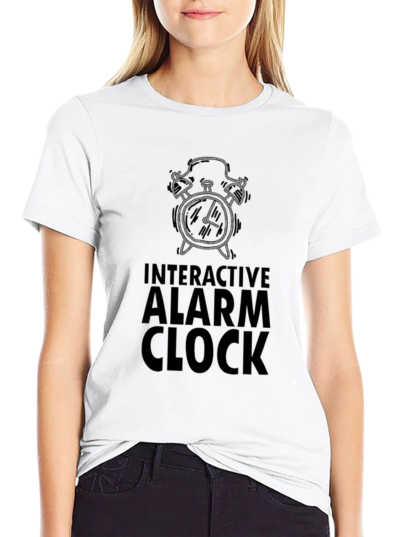 Interactive Alarm Clock Graphic Tee - Black Cotton T-Shirt