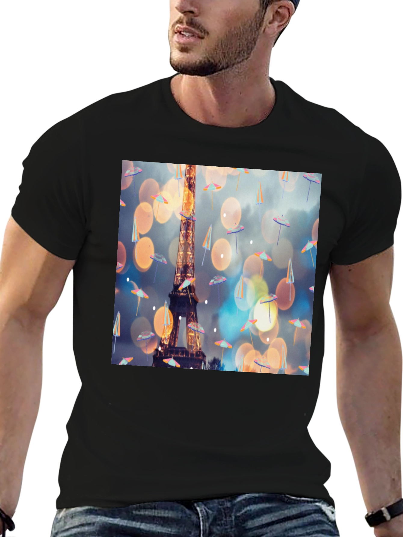 Paris Eiffel Tower Umbrella Black T-Shirt