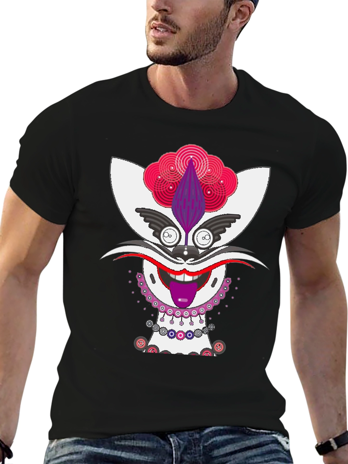 Whimsical Cat Graphic Tee - Unique Mens Black T-Shirt
