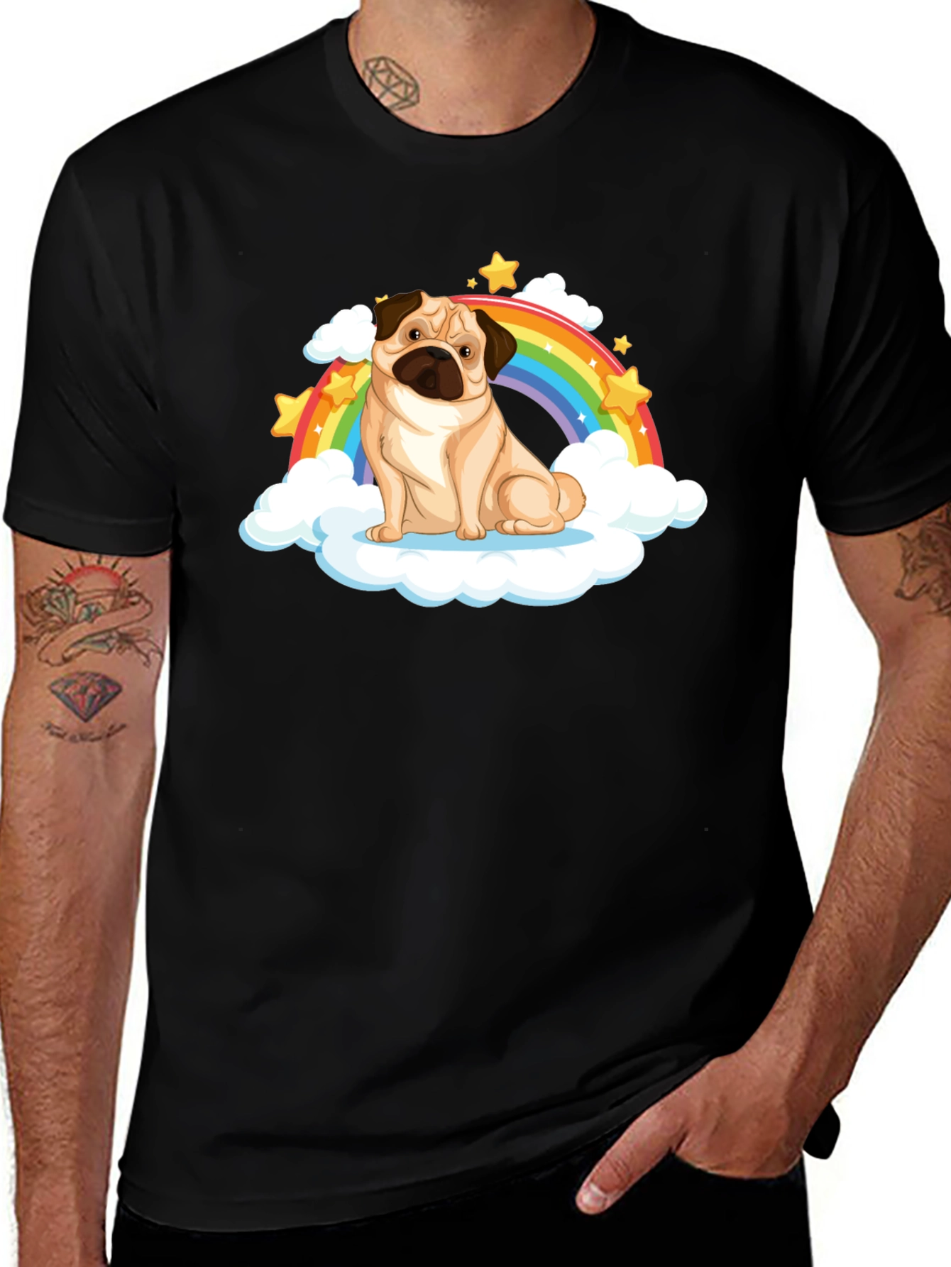 Pug Rainbow Cloud Black T-Shirt