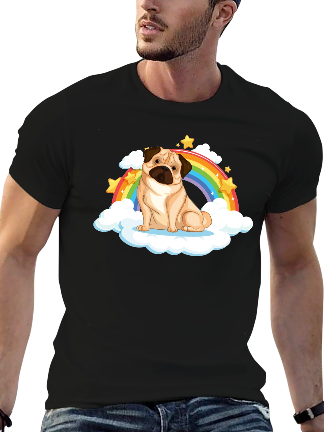 Pug Rainbow Cloud Black T-Shirt