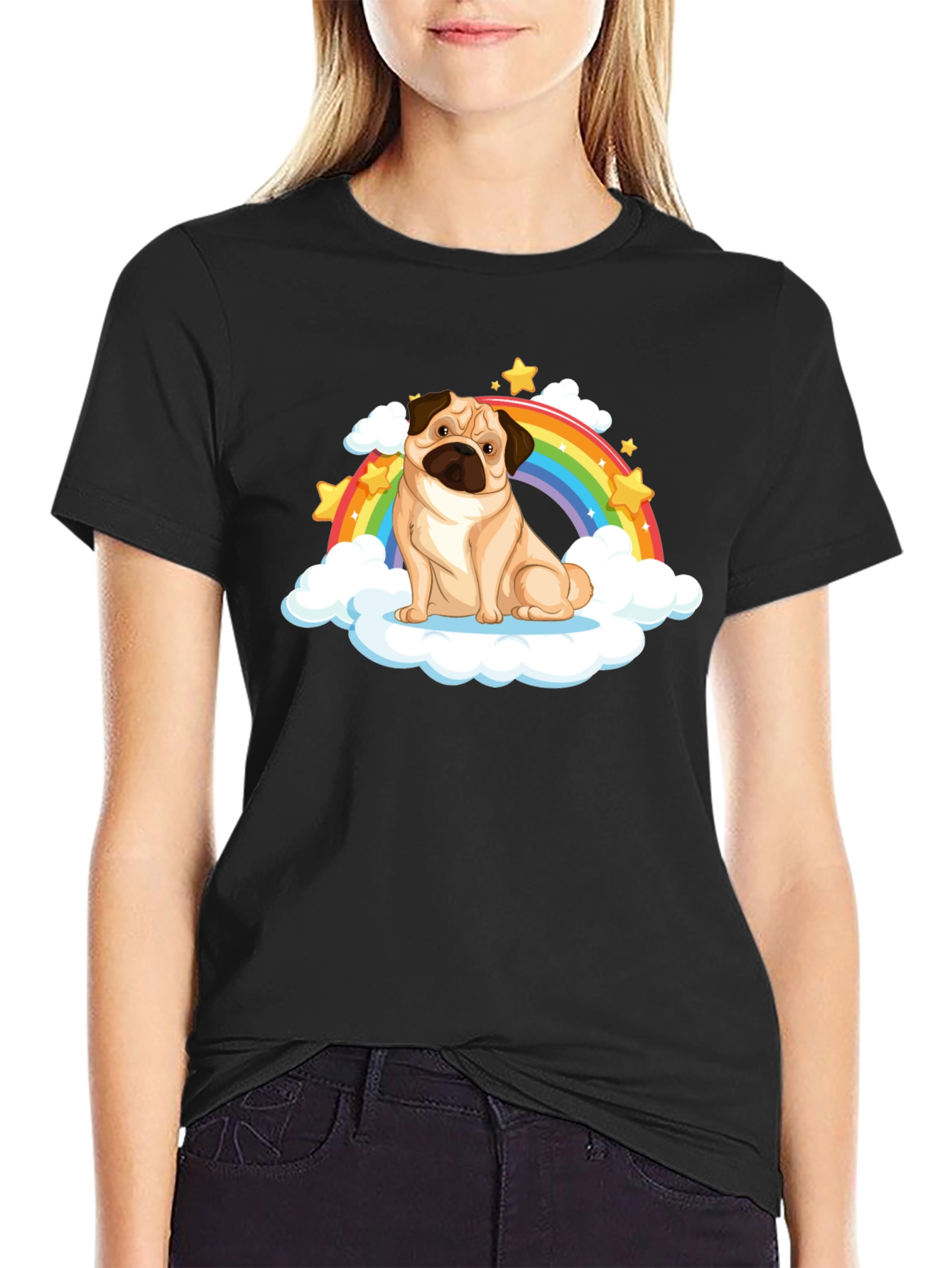 Pug Rainbow Cloud Black T-Shirt