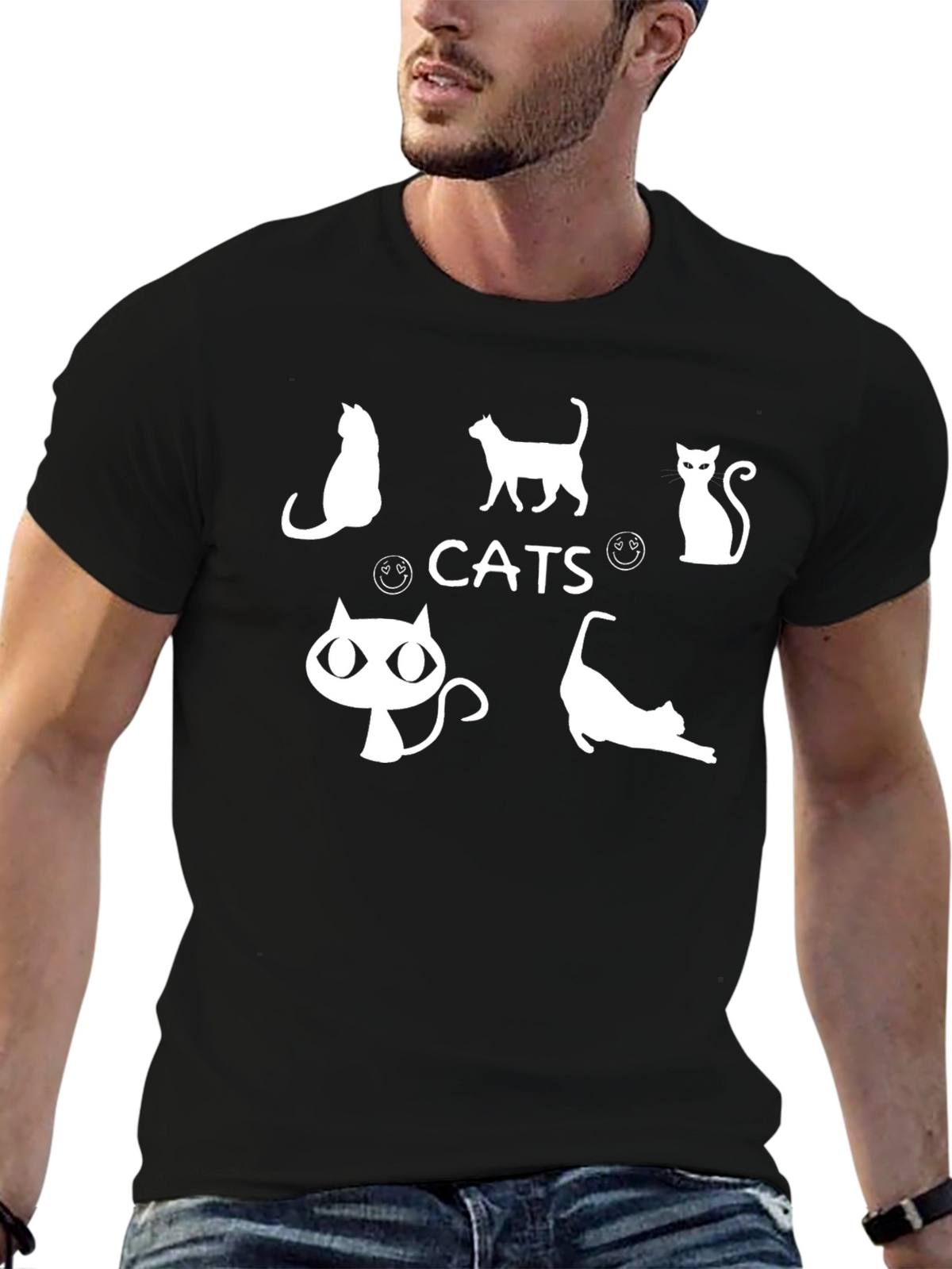 Cats Graphic Tee - Black Cotton Blend T-Shirt