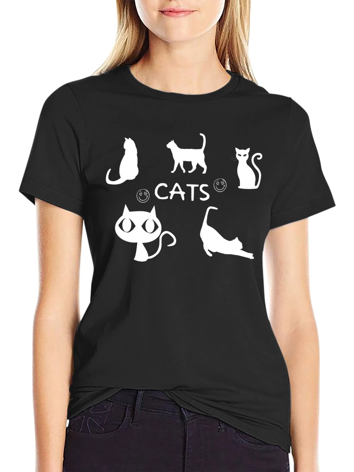 Cats Graphic Tee - Black Cotton Blend T-Shirt