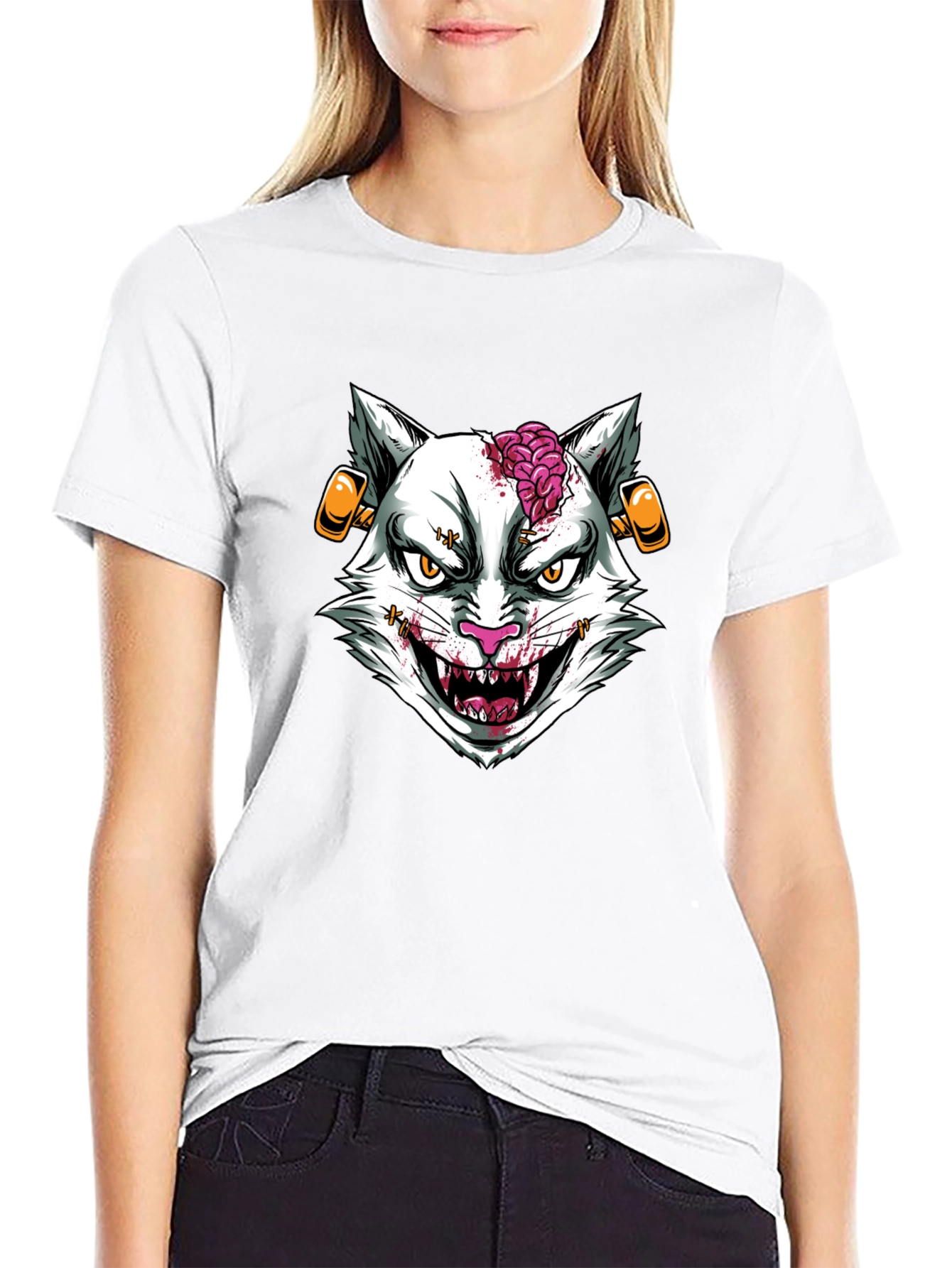 Zombie Cat Graphic T-Shirt - Halloween Style