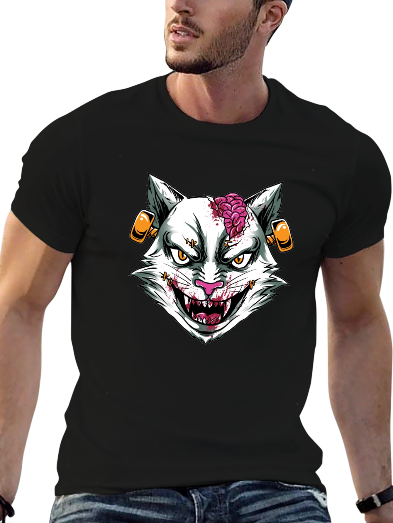 Zombie Cat Graphic T-Shirt - Halloween Style