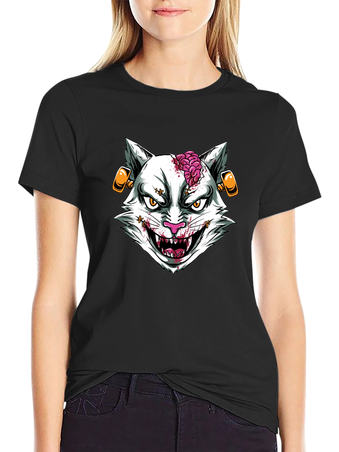 Zombie Cat Graphic T-Shirt - Halloween Style