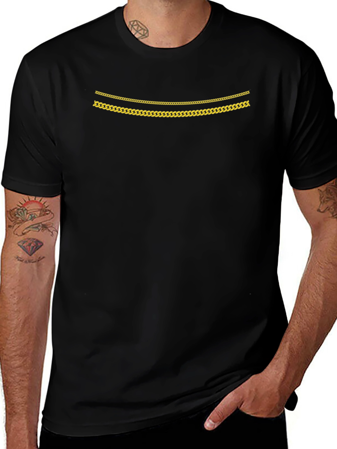 Mens Black Graphic Tee with Gold Chains