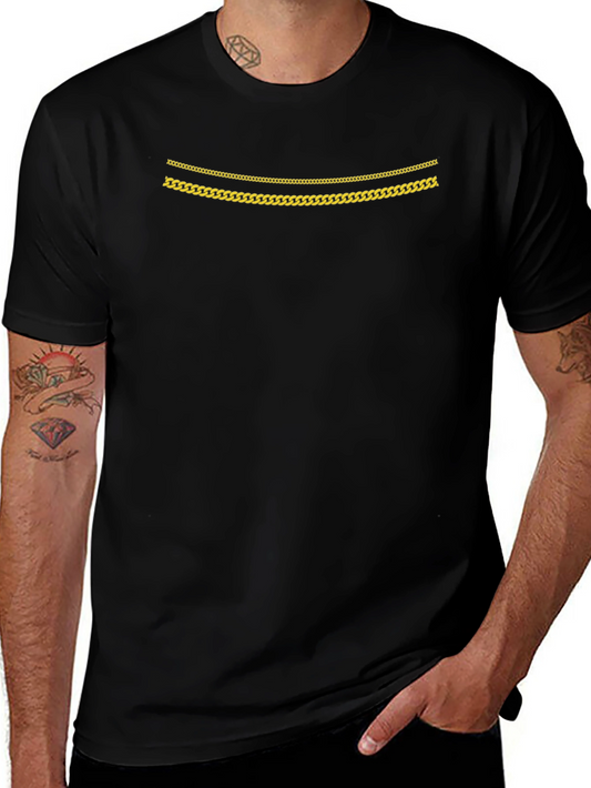 Mens Black Graphic Tee with Gold Chains