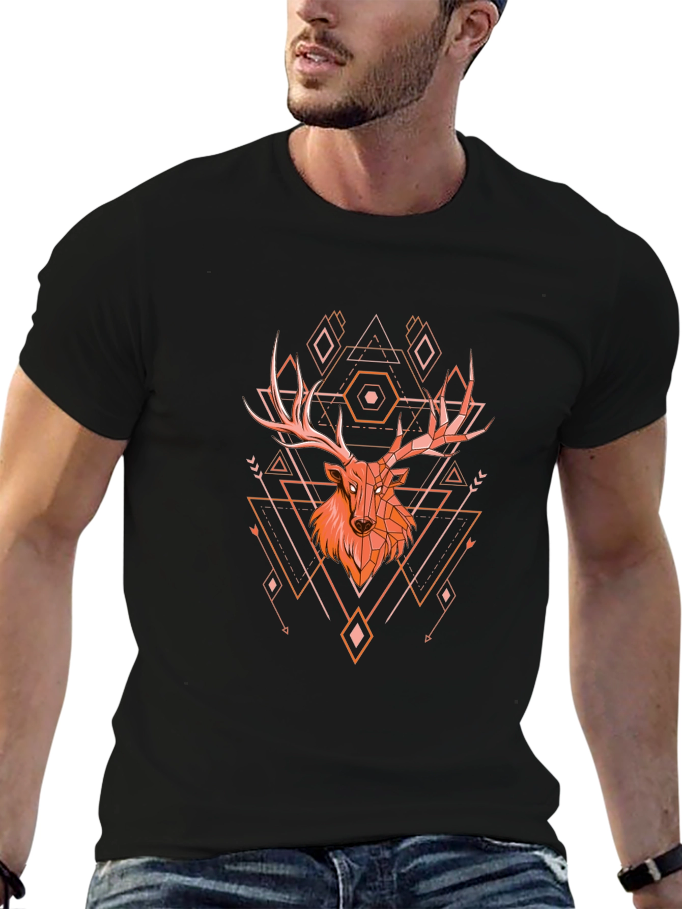 Geometric Deer Graphic Tee - Black