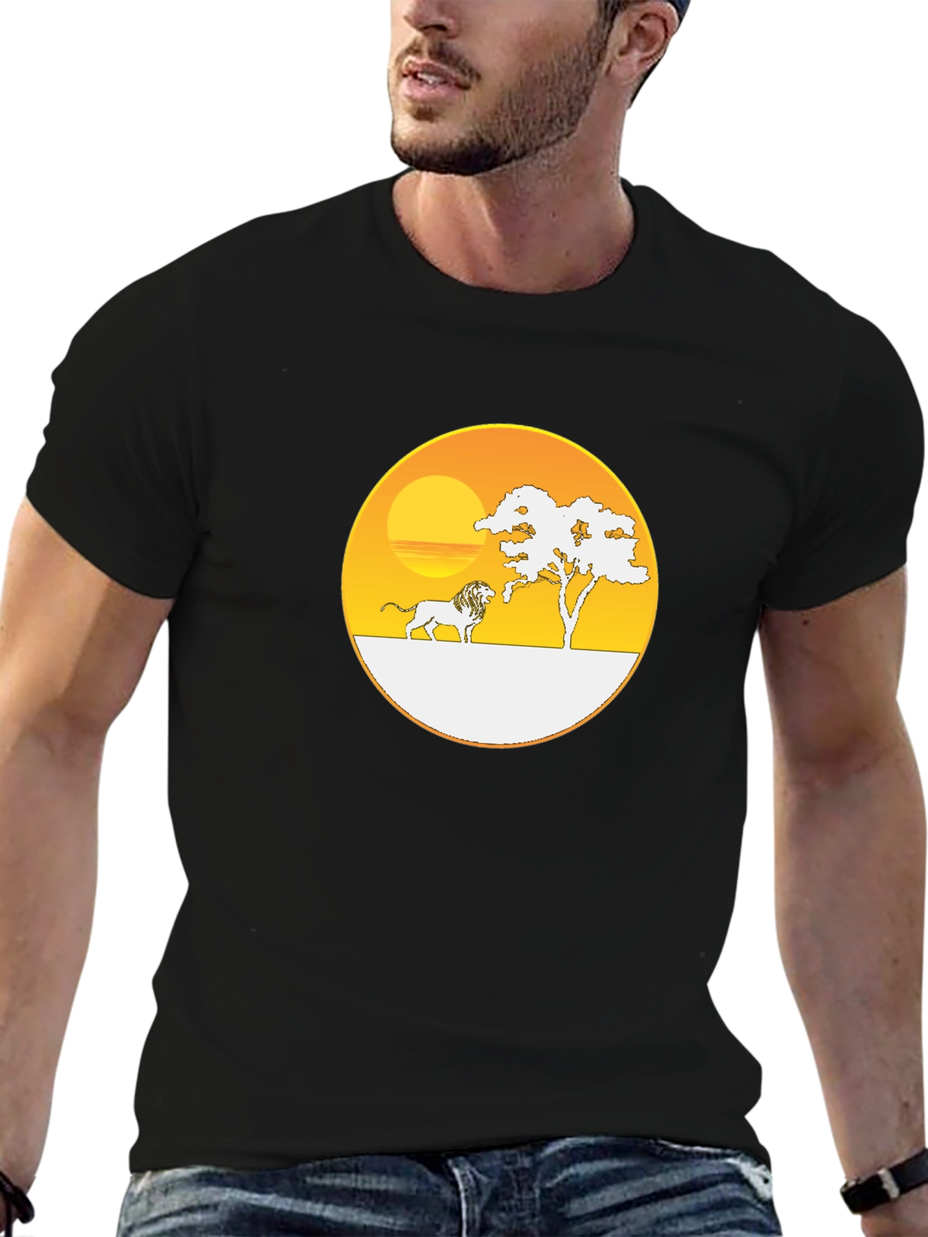 Savanna Sunset Lion Graphic Tee - Black Cotton T-Shirt