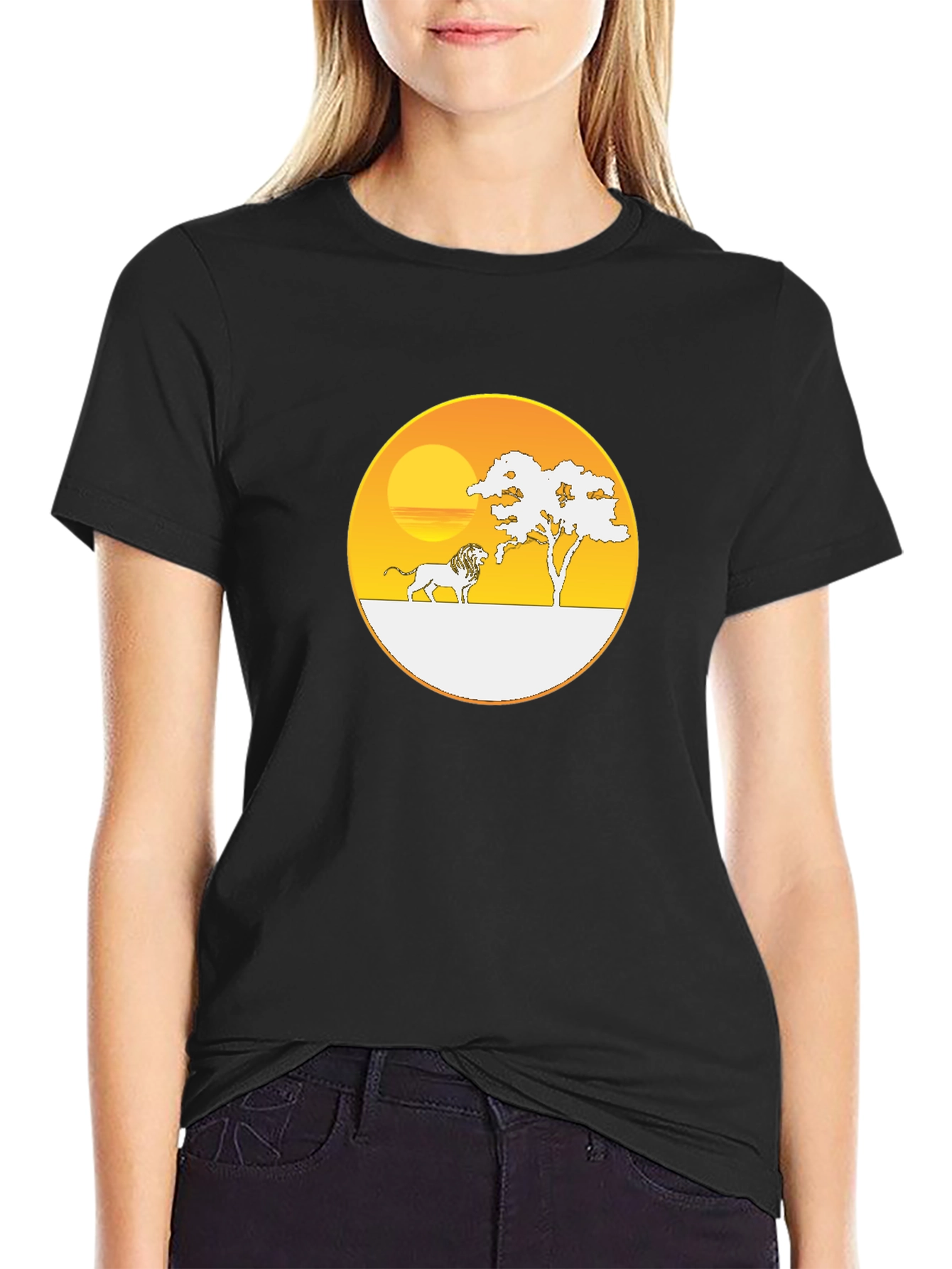 Savanna Sunset Lion Graphic Tee - Black Cotton T-Shirt