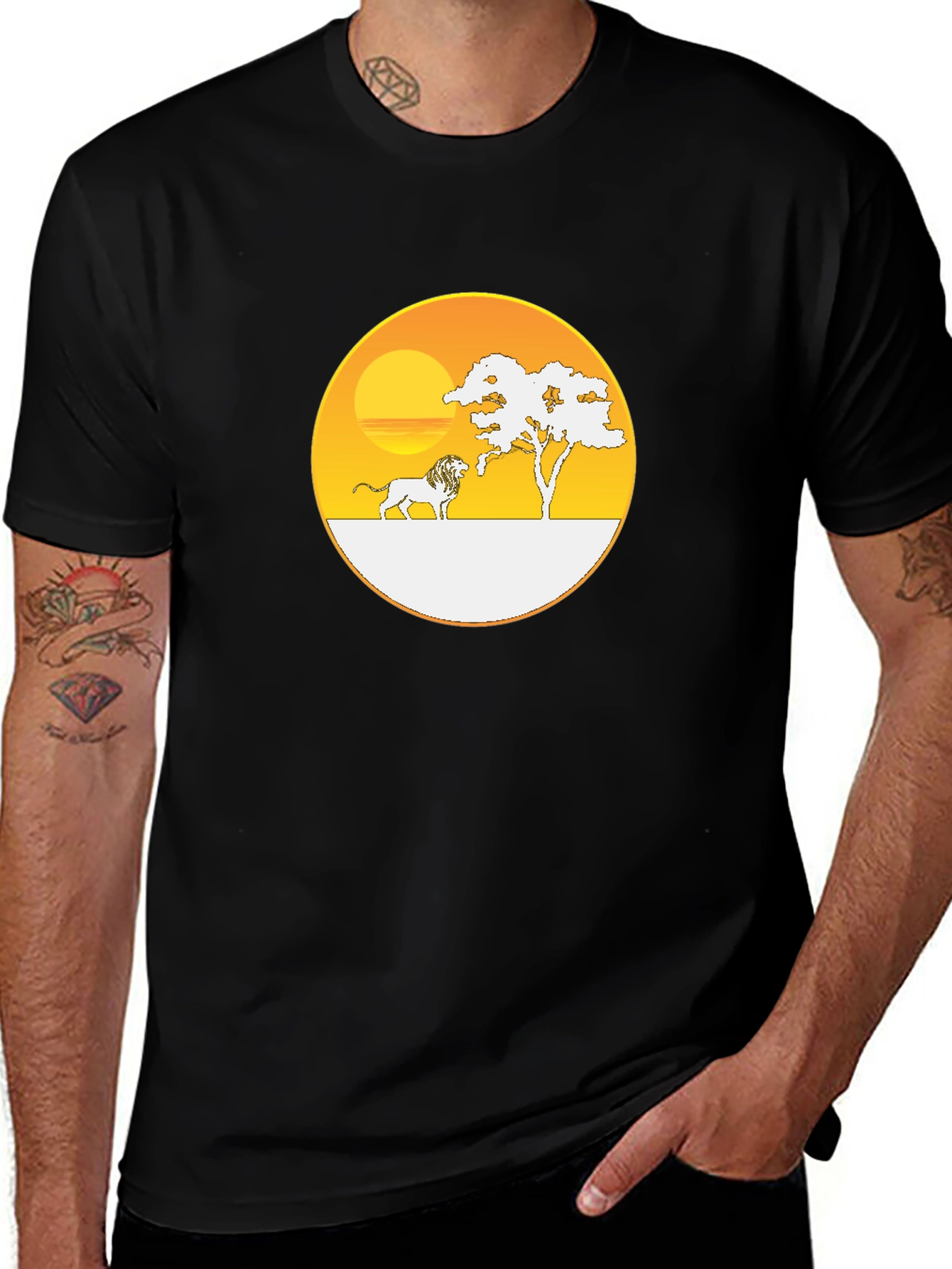 Savanna Sunset Lion Graphic Tee - Black Cotton T-Shirt