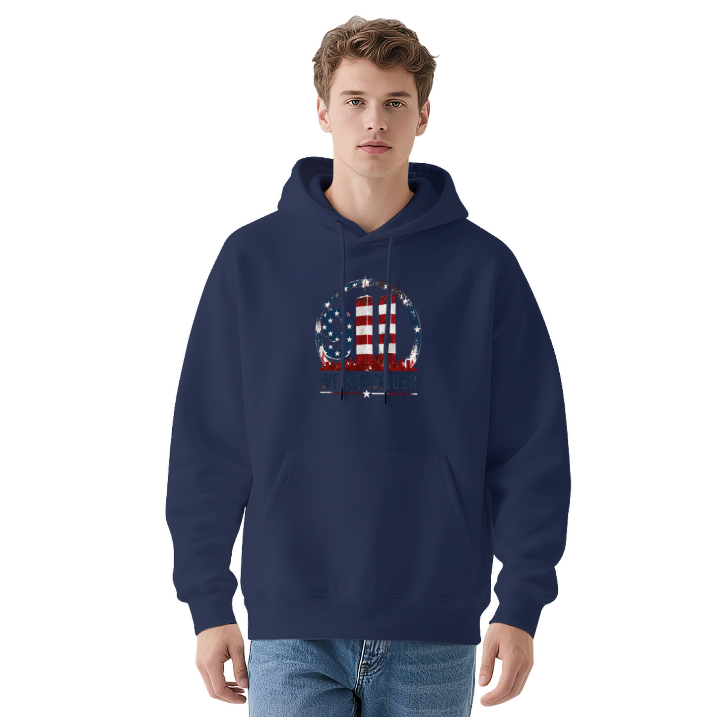 9/11 We Remember Circular USA Flag Twin Towers Patriotic Hoodie