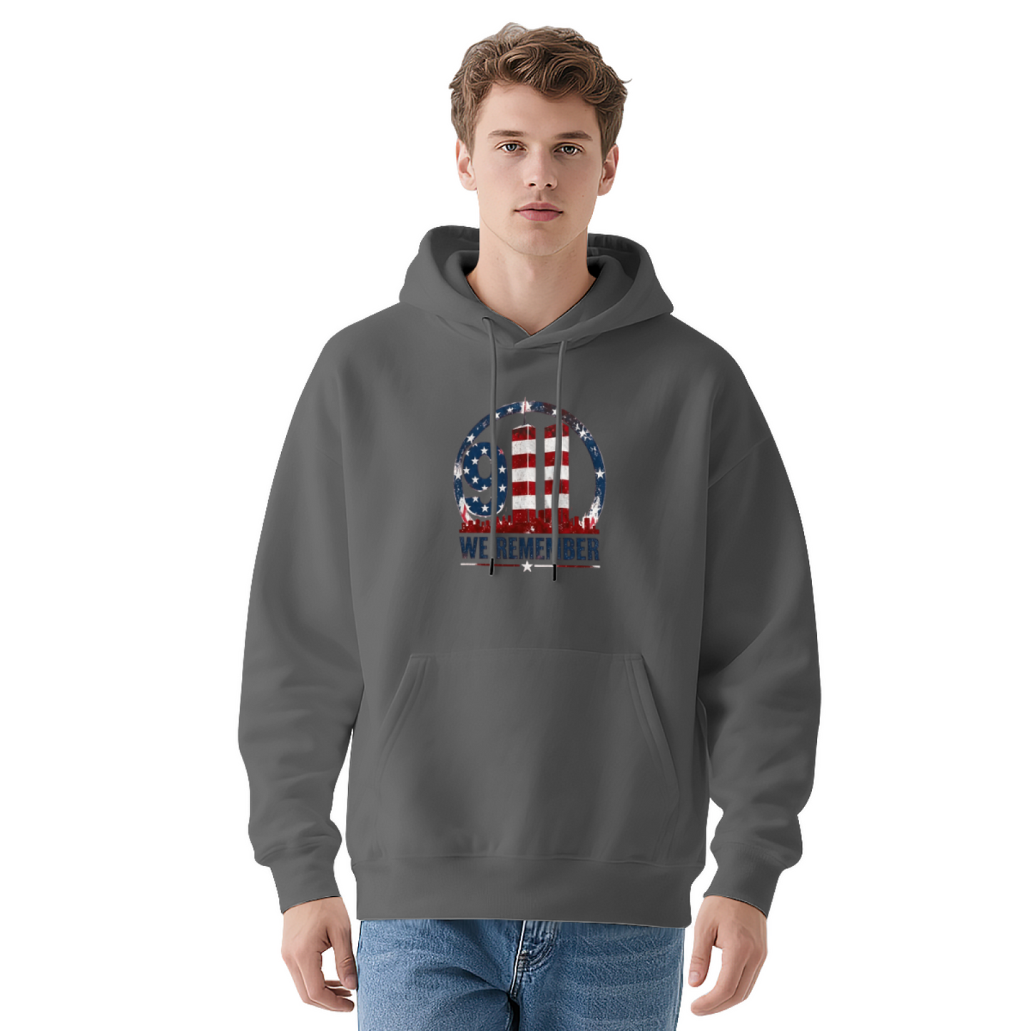 9/11 We Remember Circular USA Flag Twin Towers Patriotic Hoodie