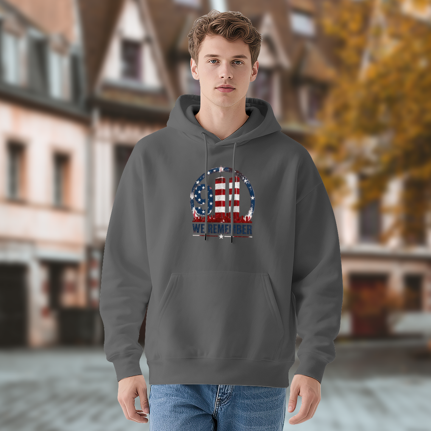 9/11 We Remember Circular USA Flag Twin Towers Patriotic Hoodie