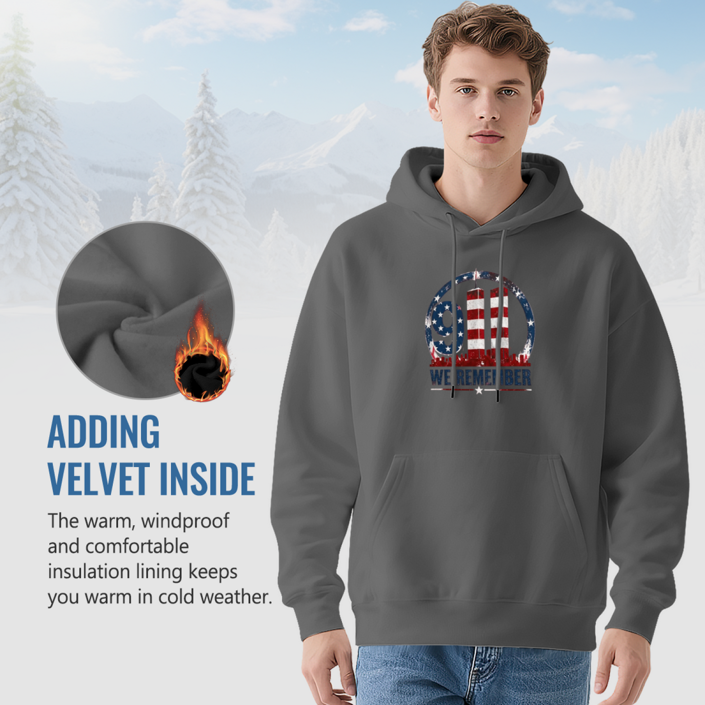 9/11 We Remember Circular USA Flag Twin Towers Patriotic Hoodie