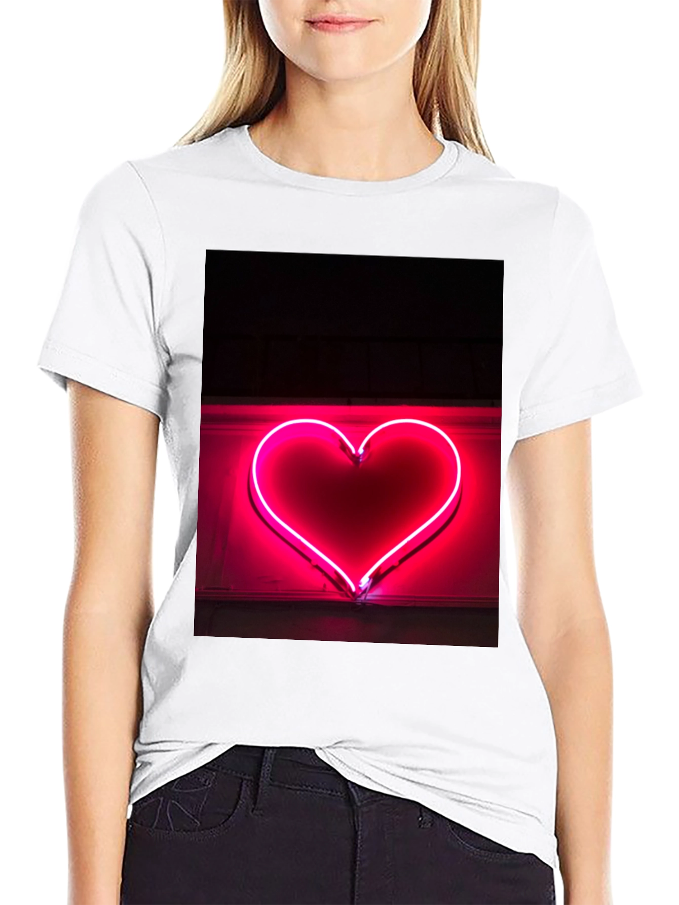 Neon Heart Graphic Tee - Black Cotton T-Shirt