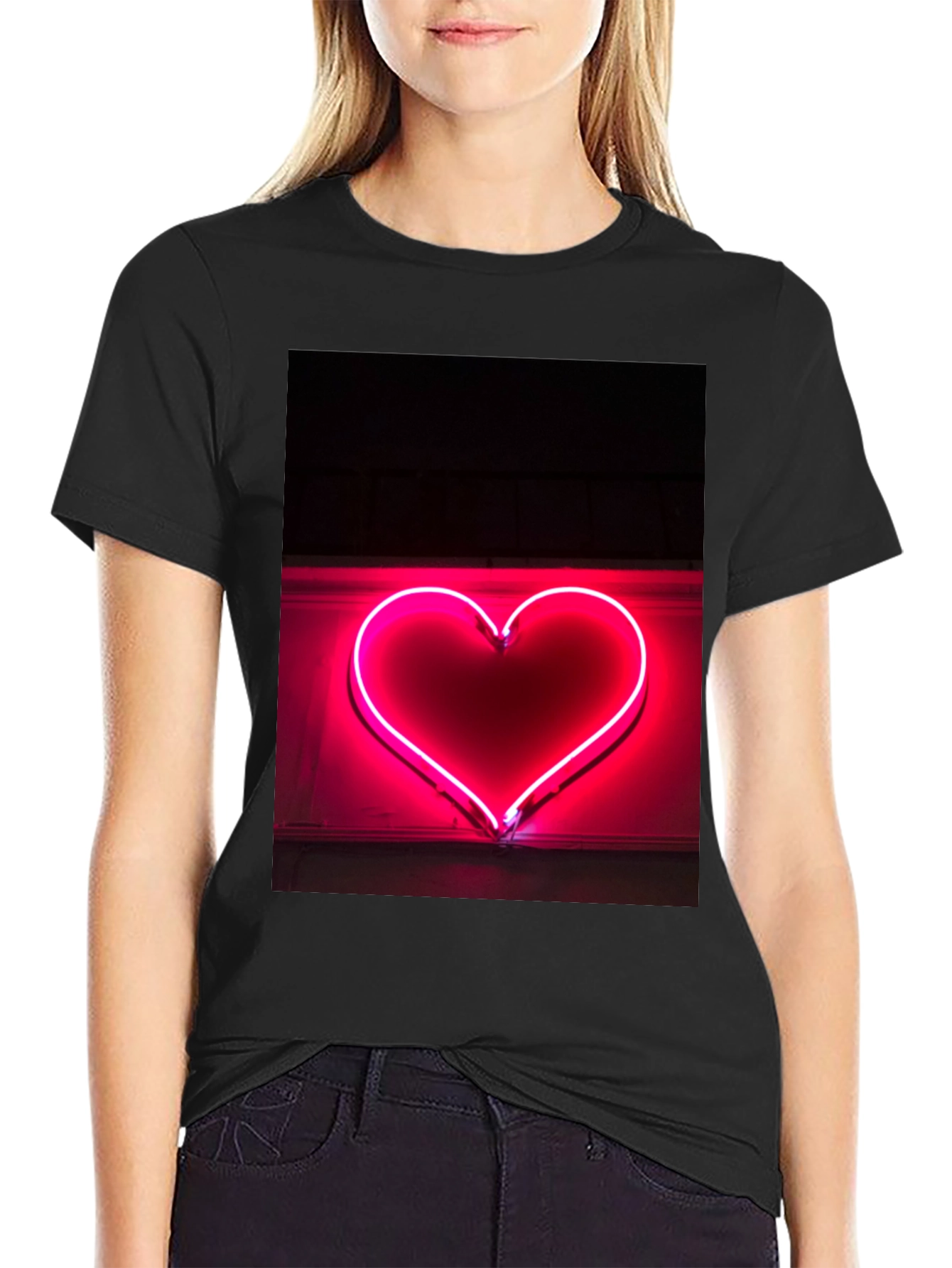 Neon Heart Graphic Tee - Black Cotton T-Shirt