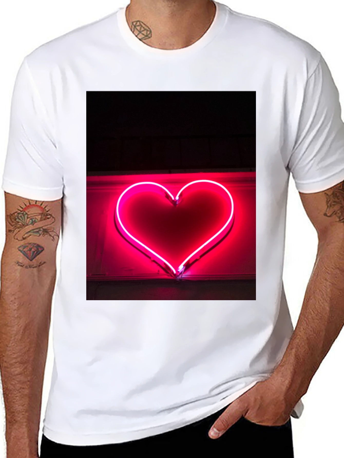 Neon Heart Graphic Tee - Black Cotton T-Shirt