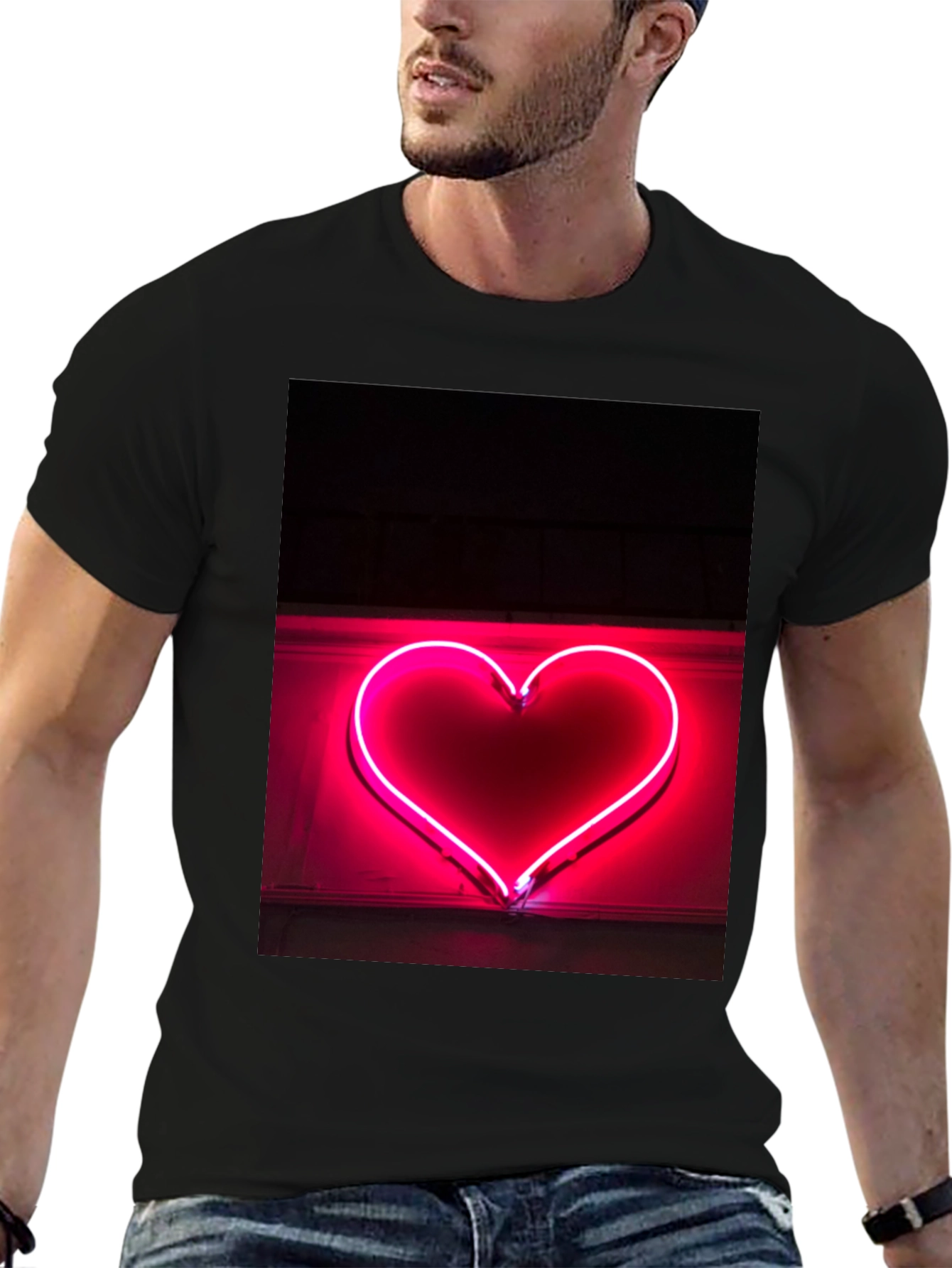 Neon Heart Graphic Tee - Black Cotton T-Shirt