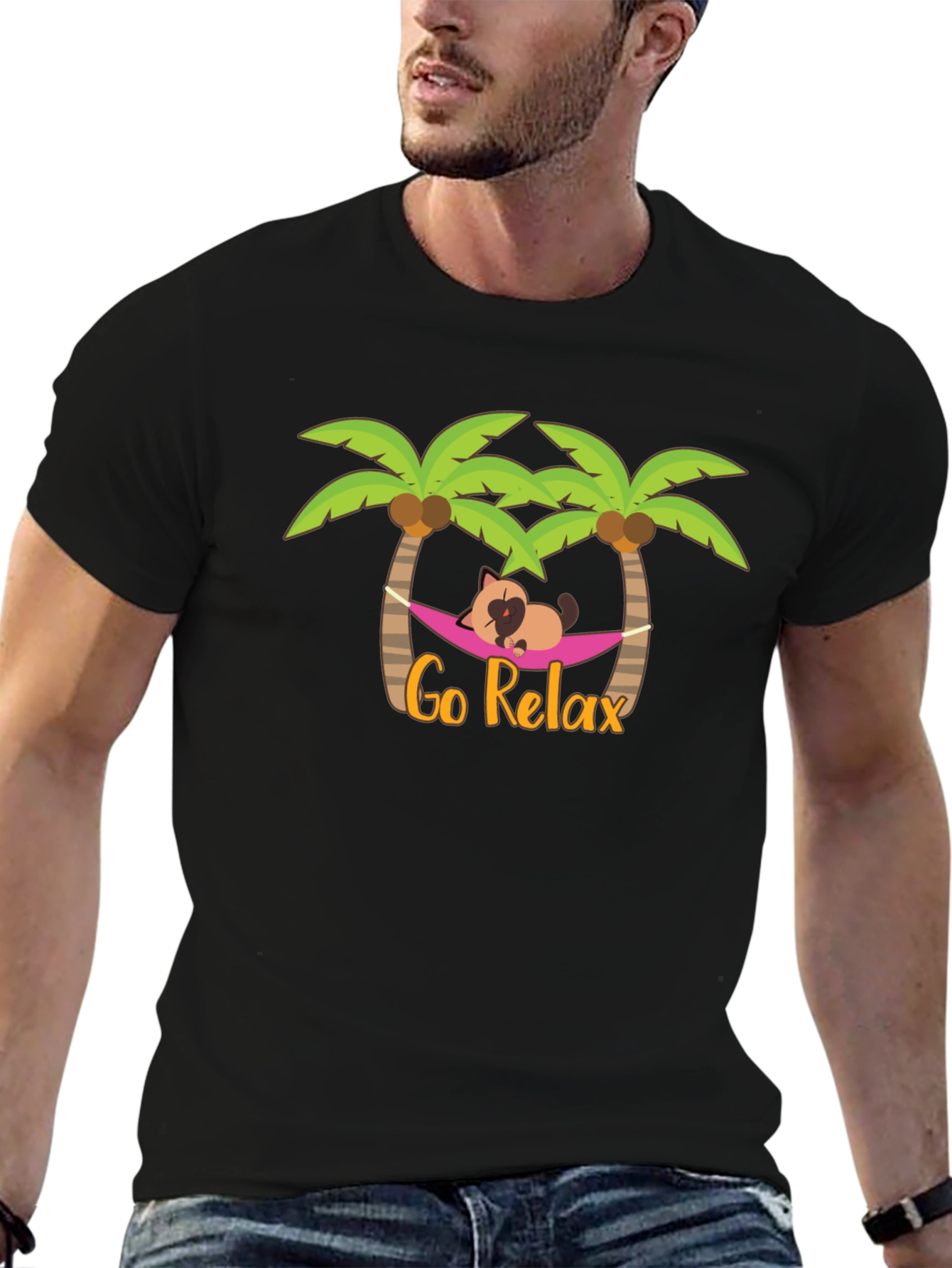 Go Relax Palm Tree Cat Hammock Graphic Tee