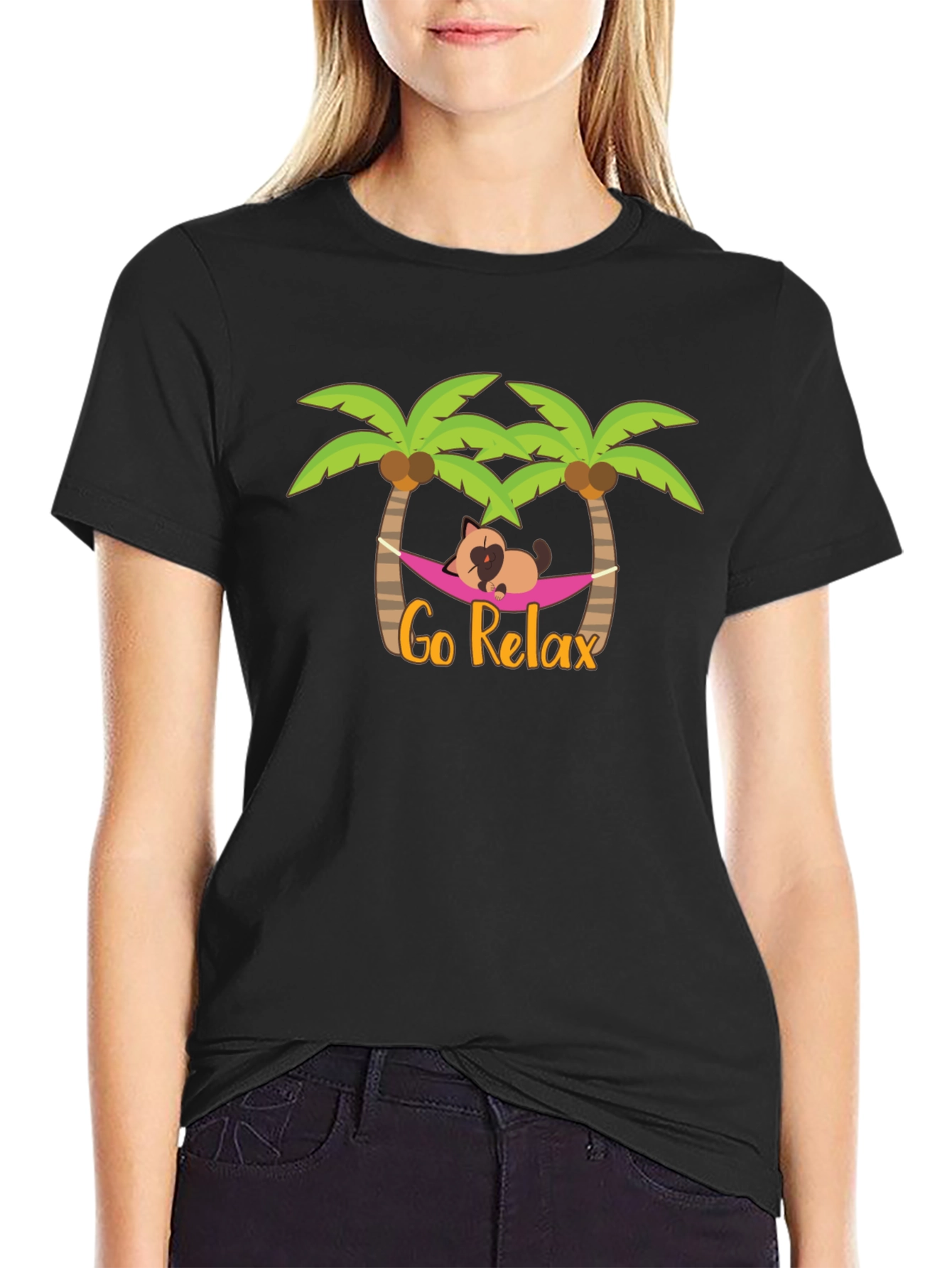 Go Relax Palm Tree Cat Hammock Graphic Tee