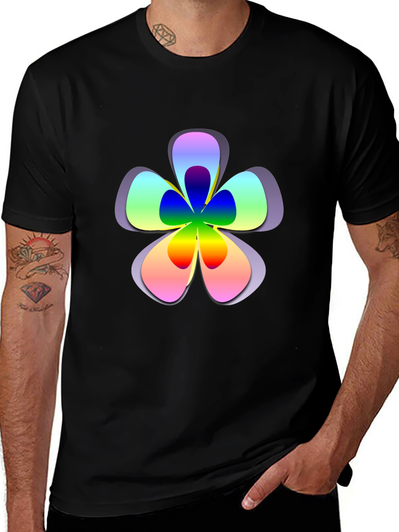 Rainbow Flower Graphic Print Black T-Shirt