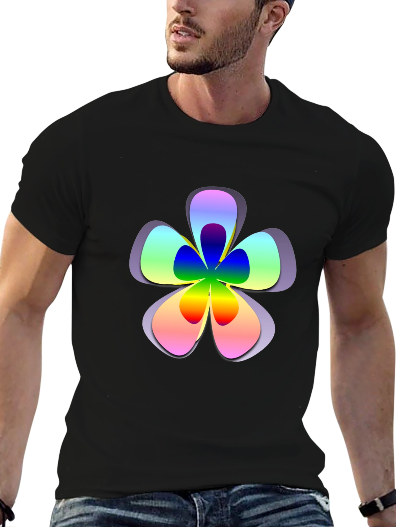 Rainbow Flower Graphic Print Black T-Shirt