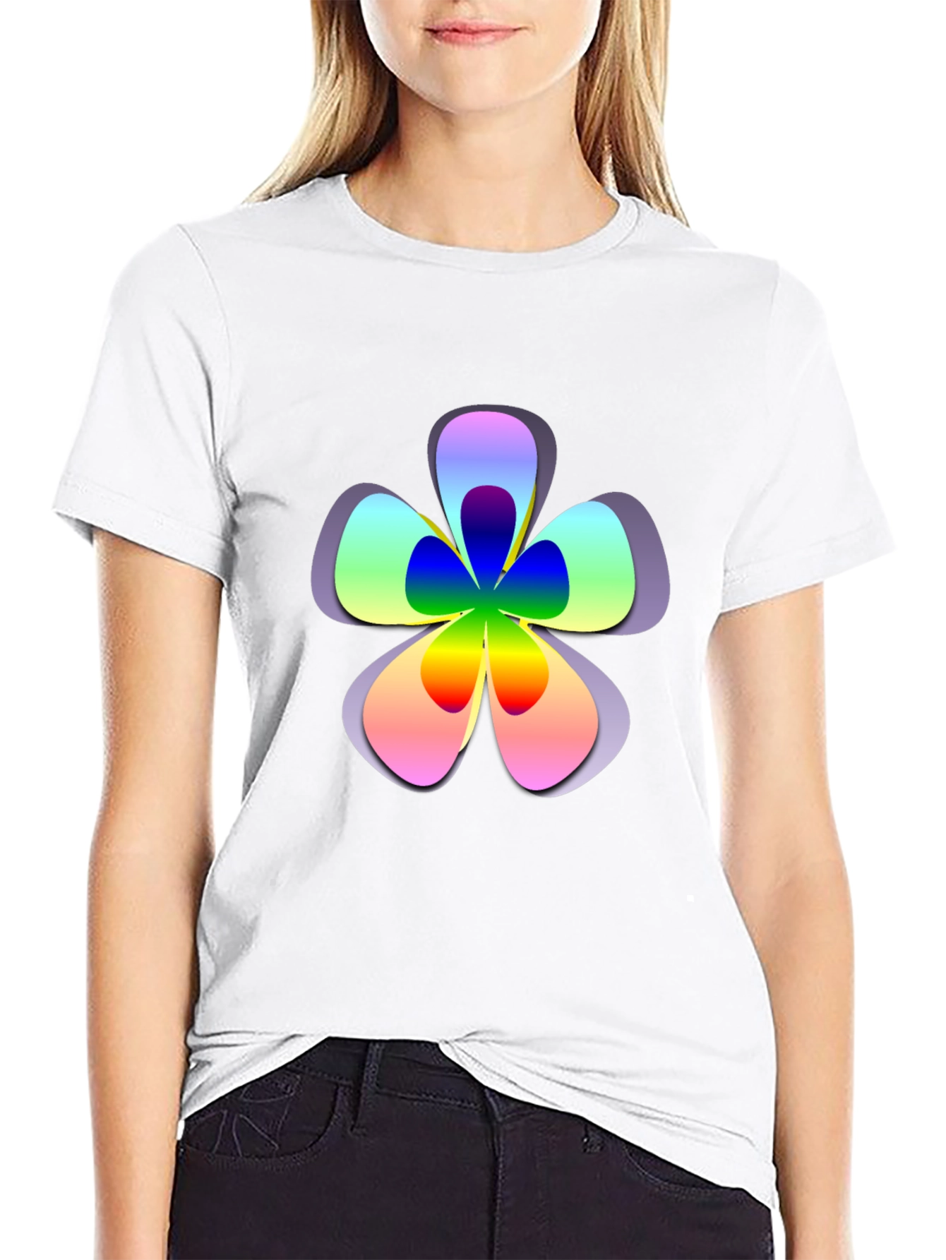Rainbow Flower Graphic Print Black T-Shirt