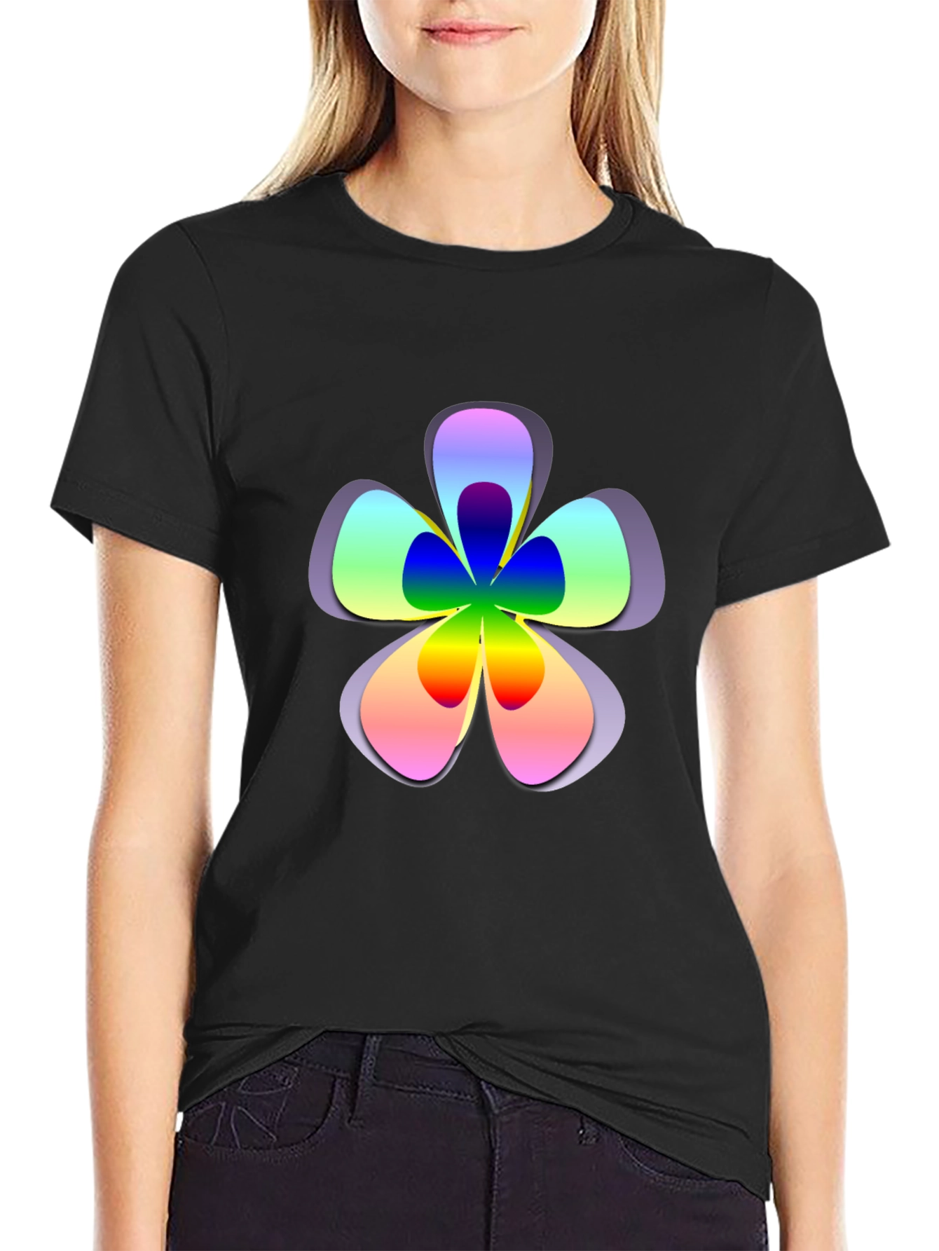 Rainbow Flower Graphic Print Black T-Shirt