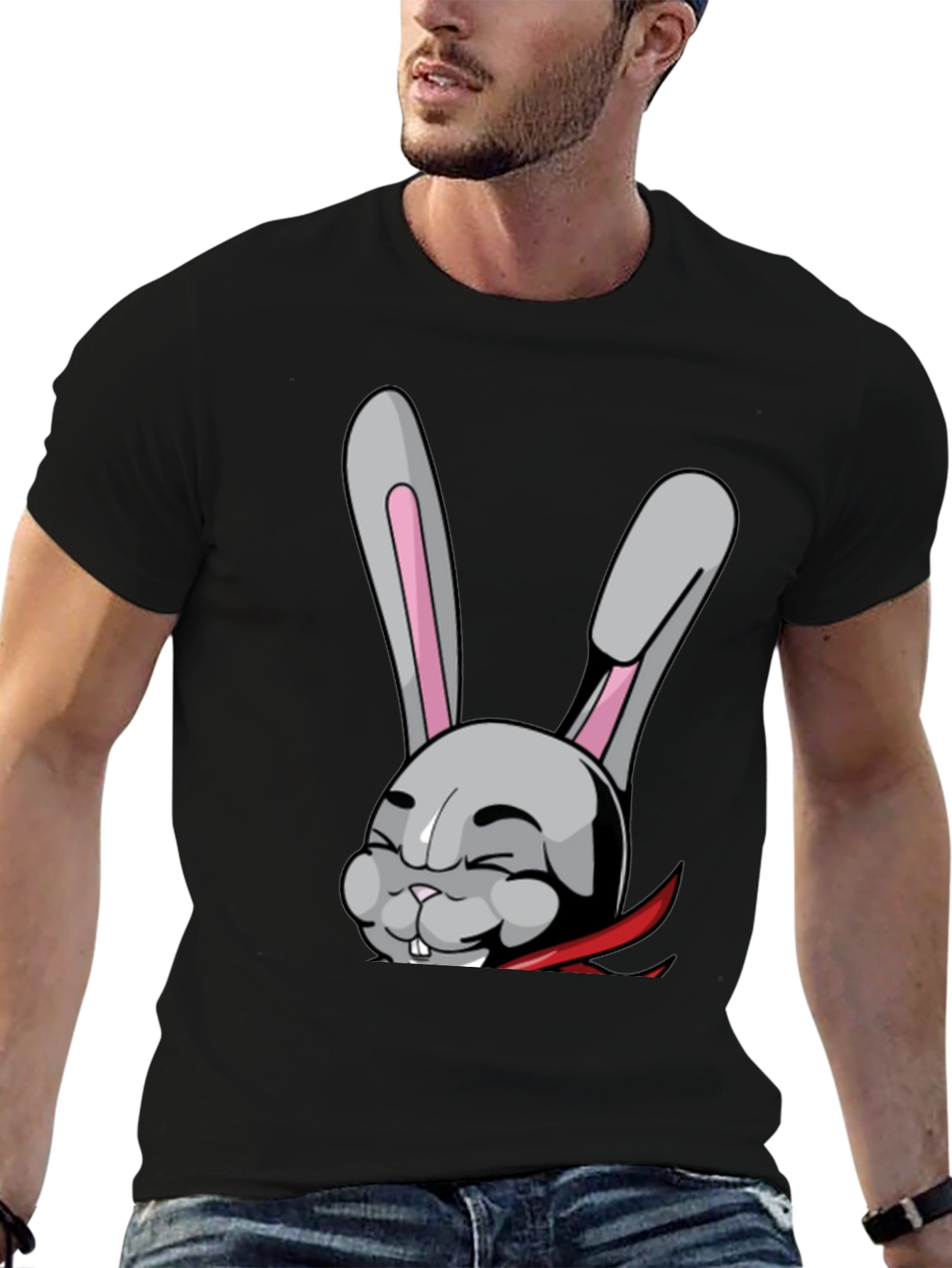 Black T-Shirt with Funny Cartoon Rabbit Design