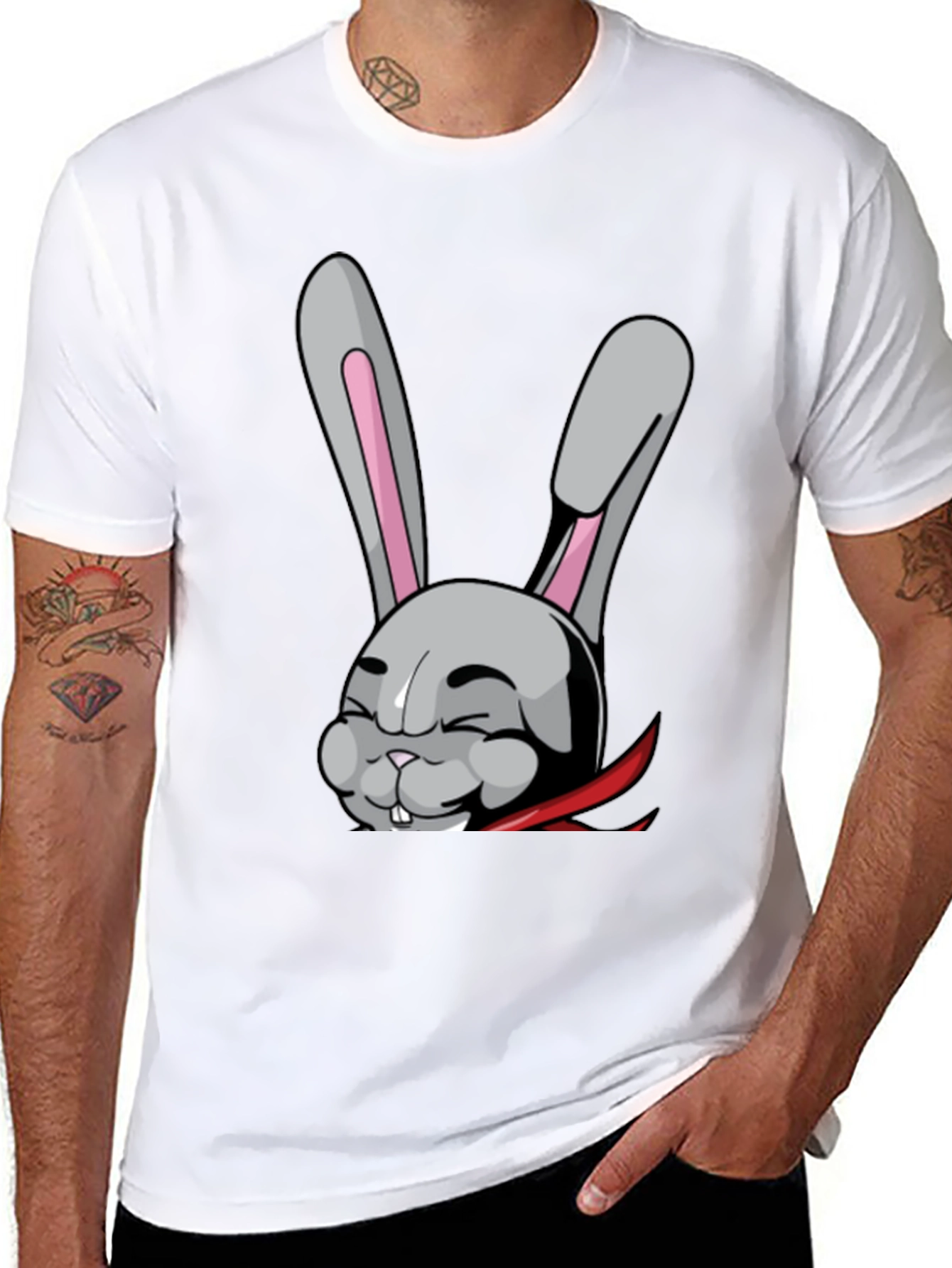 Black T-Shirt with Funny Cartoon Rabbit Design