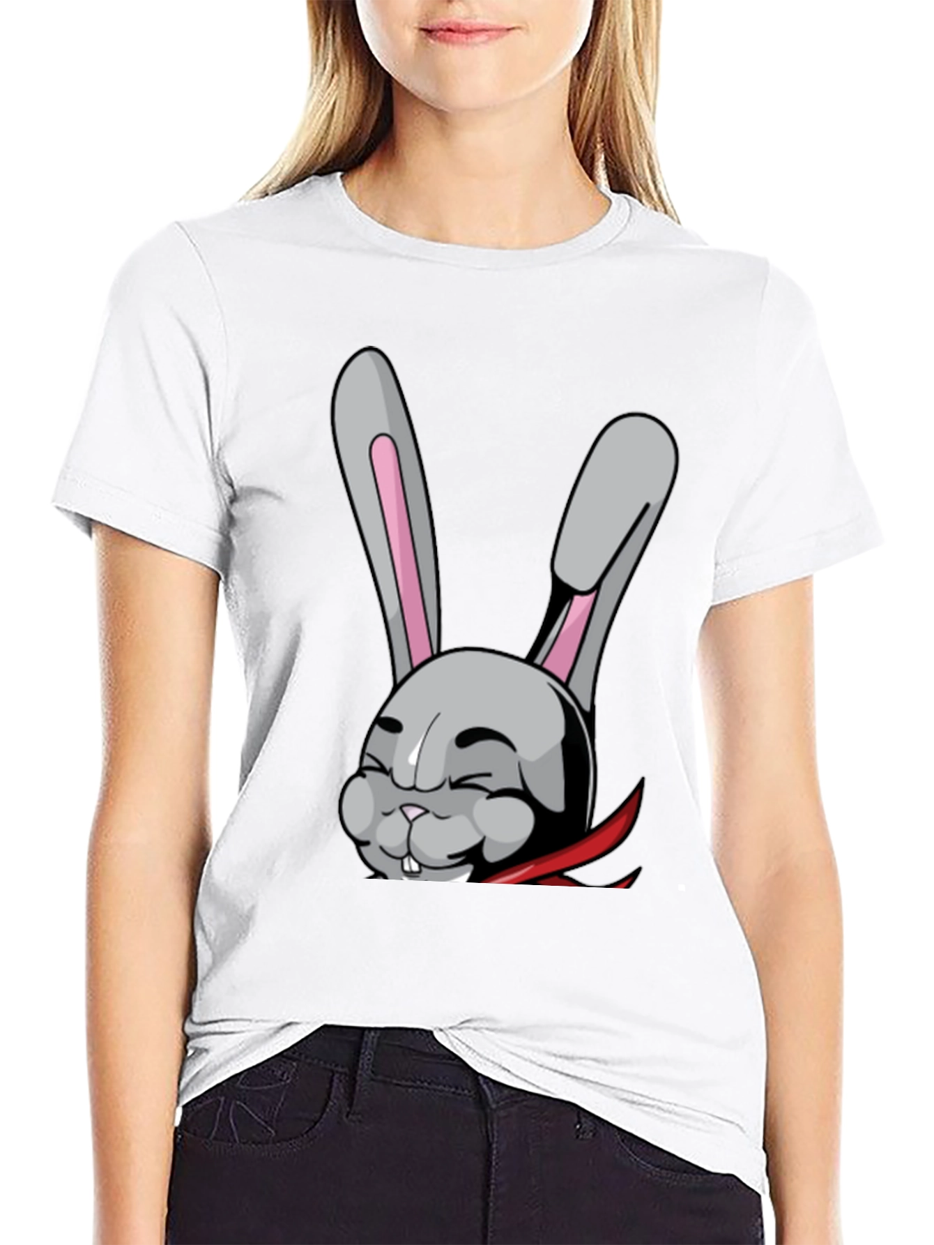Black T-Shirt with Funny Cartoon Rabbit Design