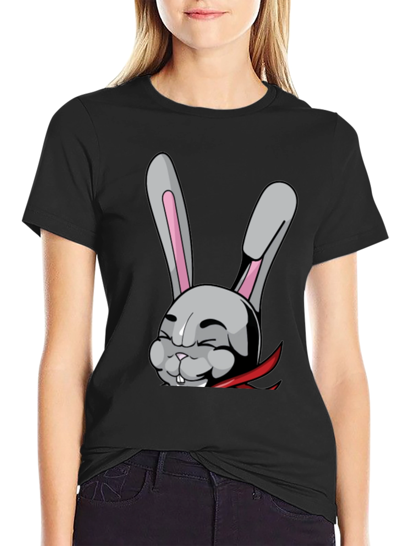 Black T-Shirt with Funny Cartoon Rabbit Design