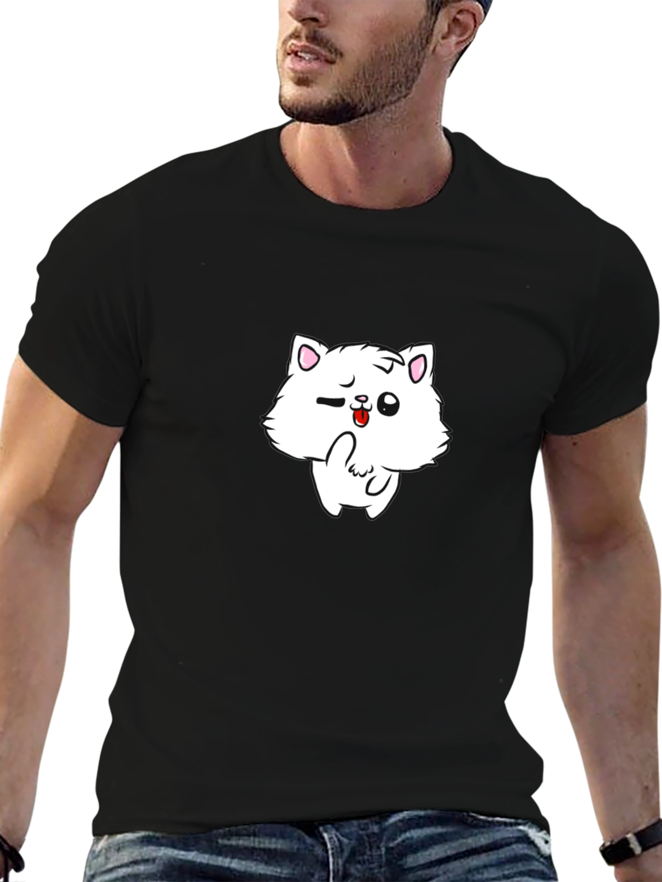 Black T-Shirt with Cat Graphic
