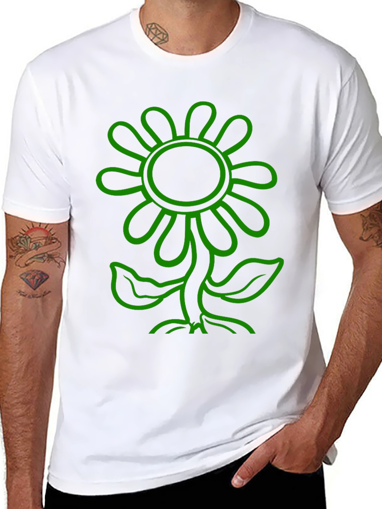 Green Flower Graphic Black T-Shirt