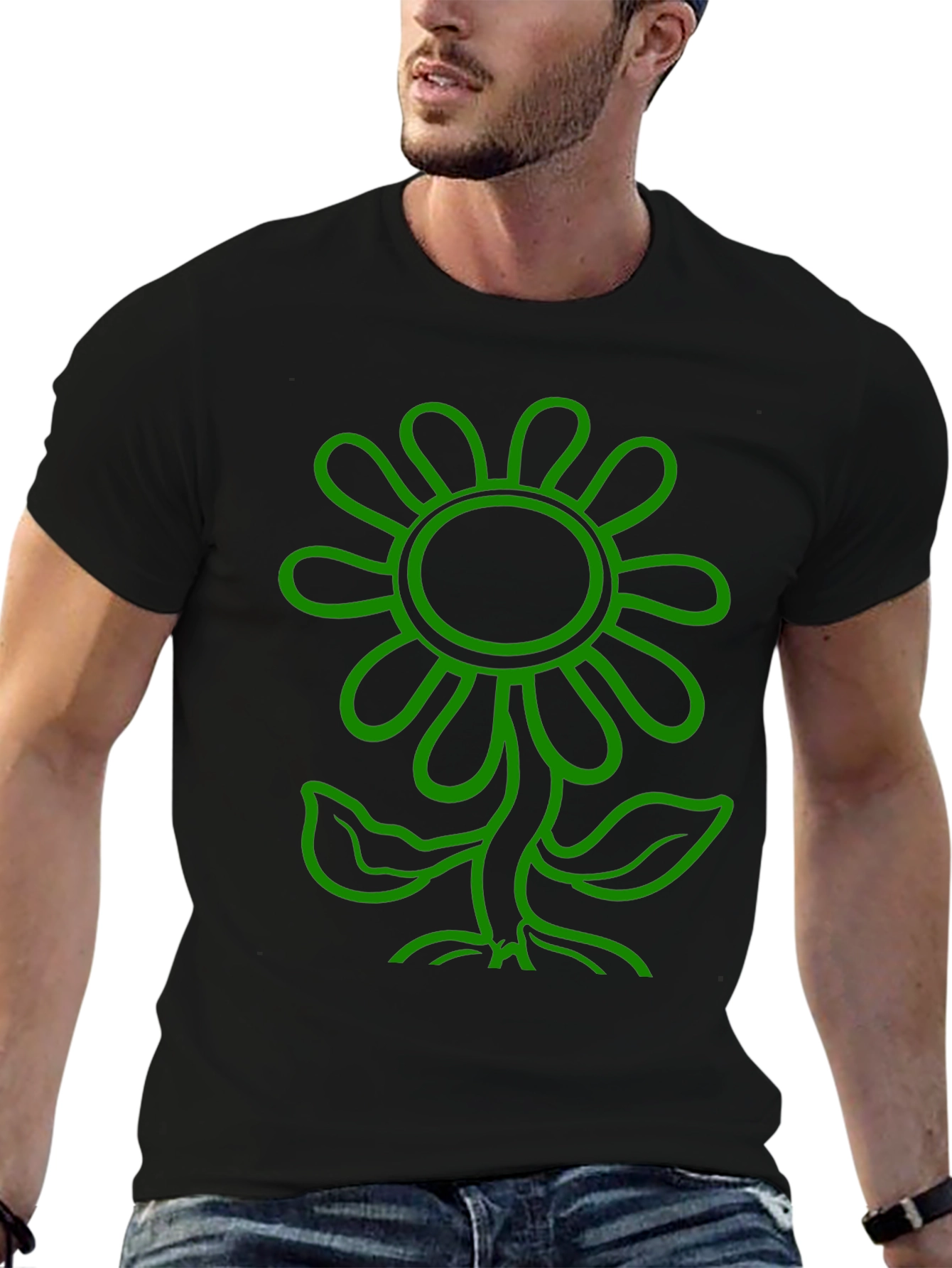 Green Flower Graphic Black T-Shirt