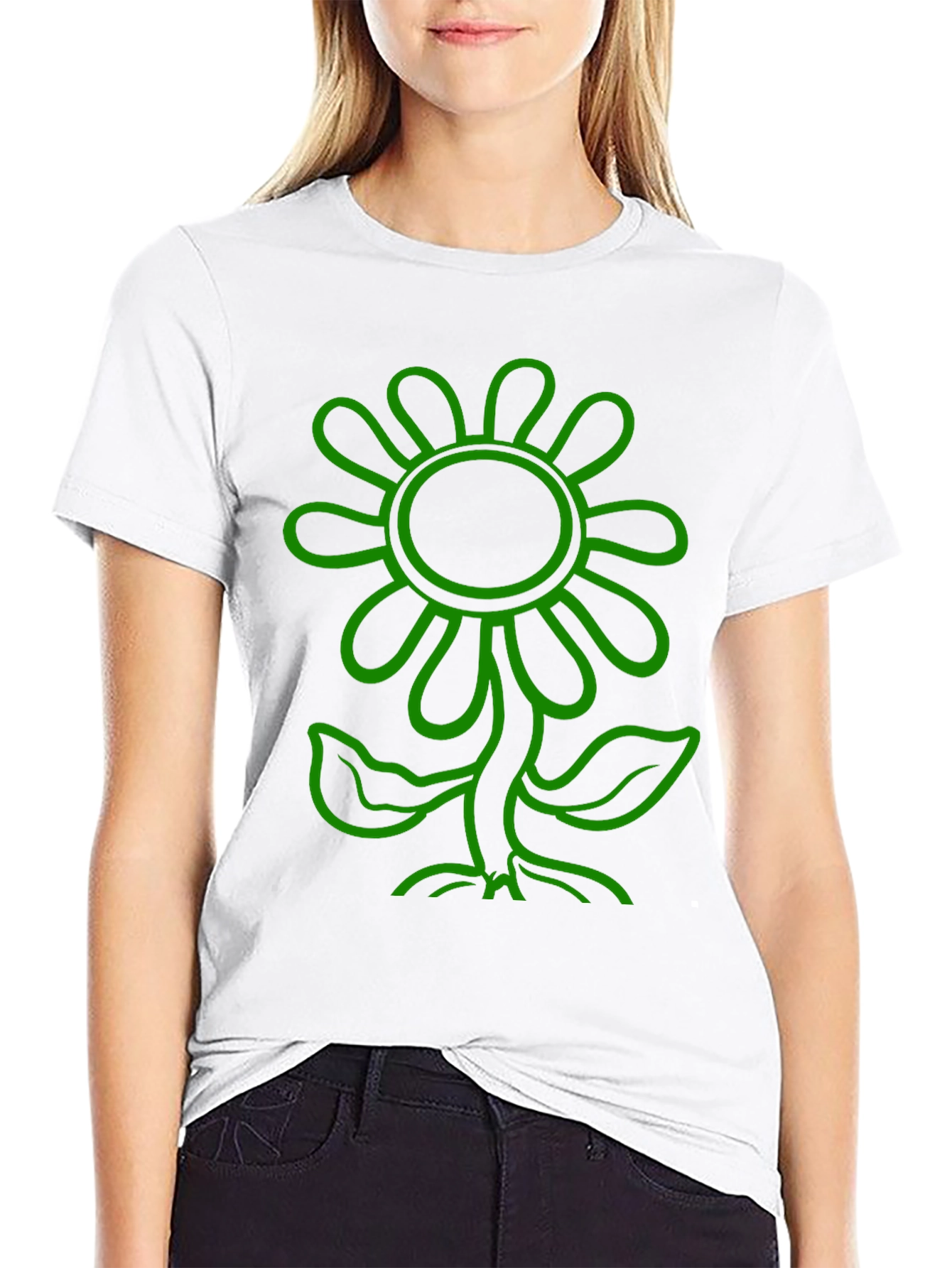 Green Flower Graphic Black T-Shirt