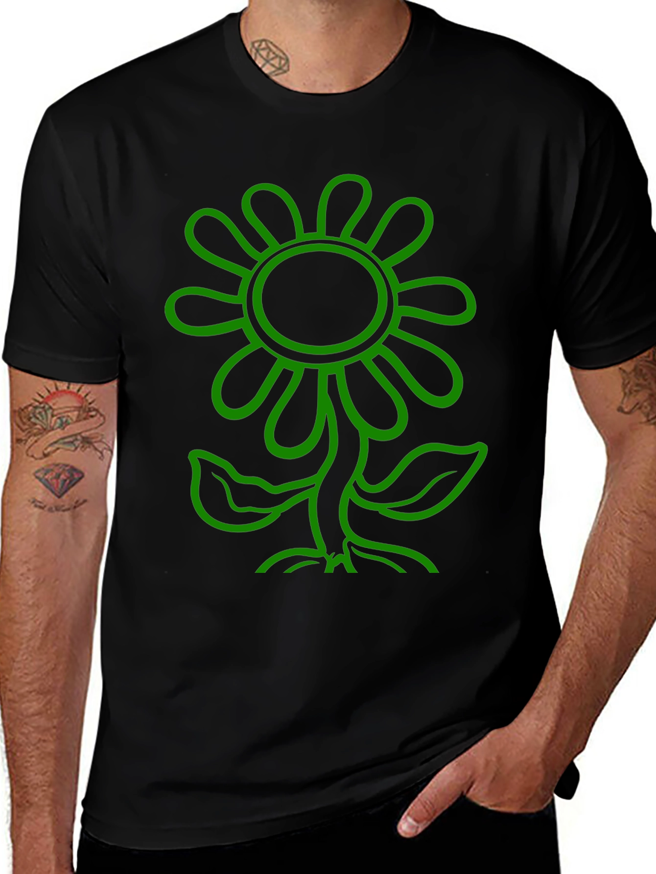 Green Flower Graphic Black T-Shirt