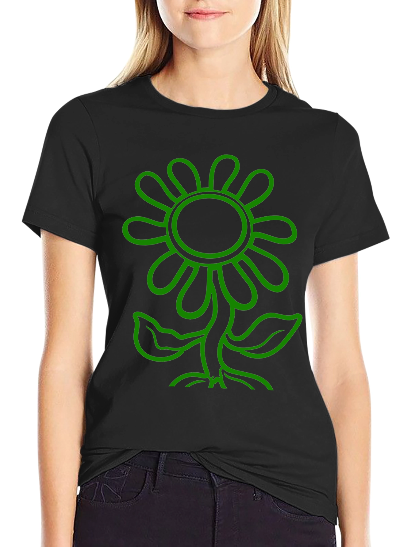 Green Flower Graphic Black T-Shirt