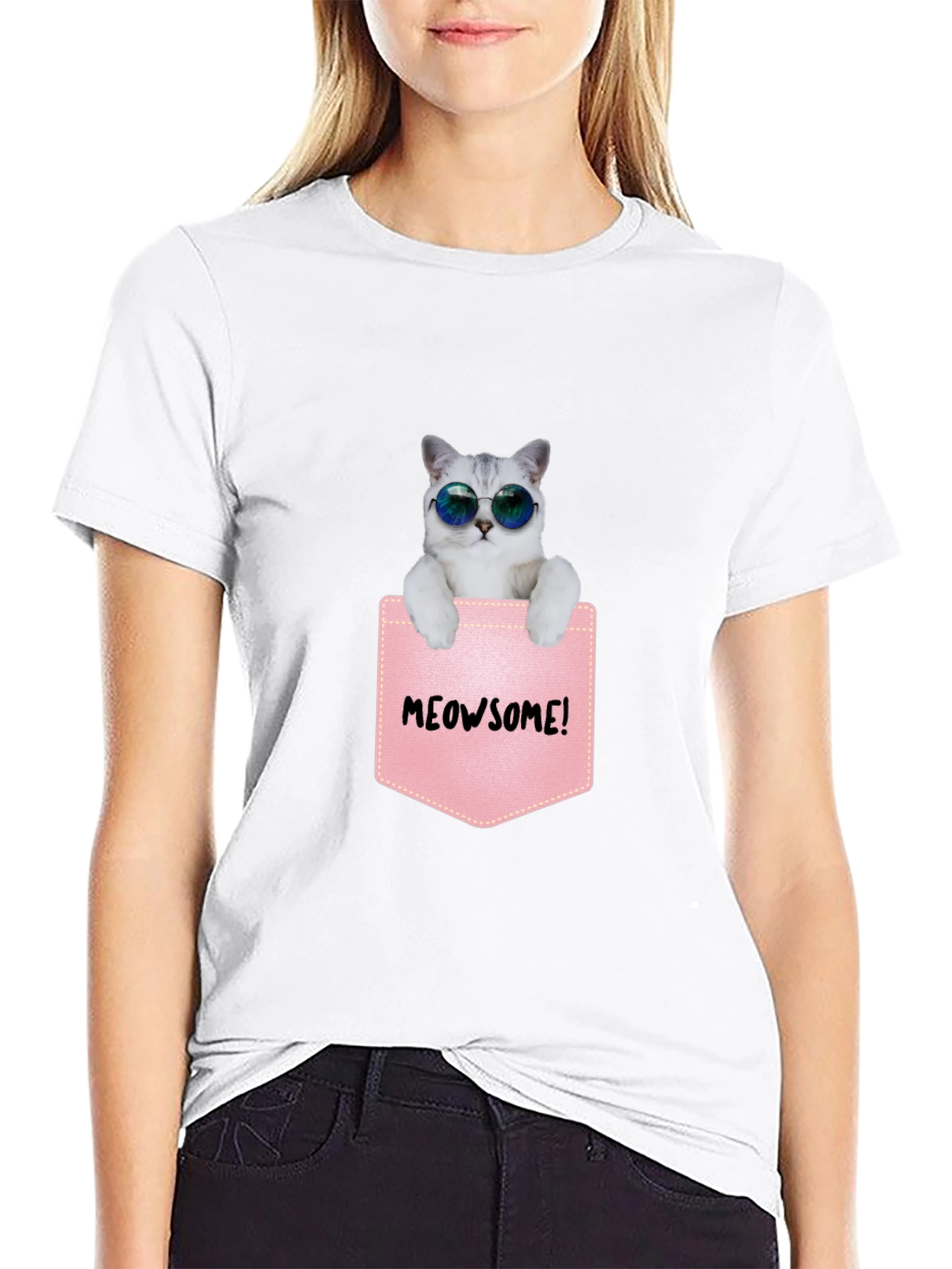 Meowsome Cat in Pocket Graphic T-Shirt