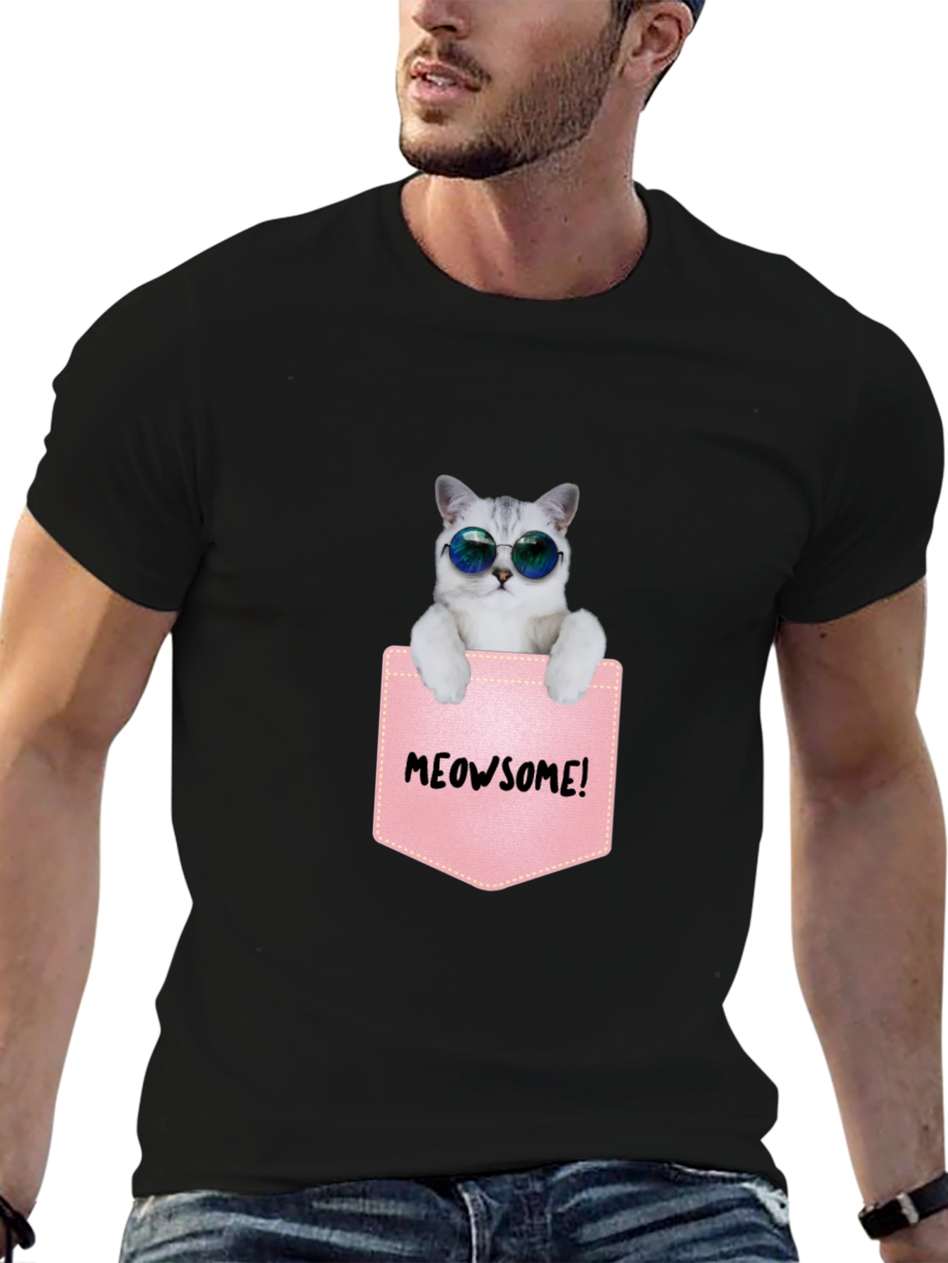 Meowsome Cat in Pocket Graphic T-Shirt