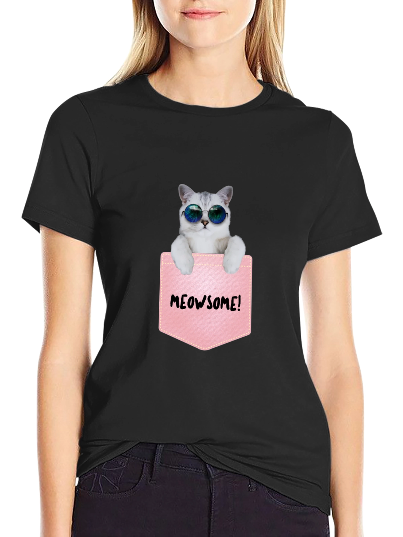 Meowsome Cat in Pocket Graphic T-Shirt