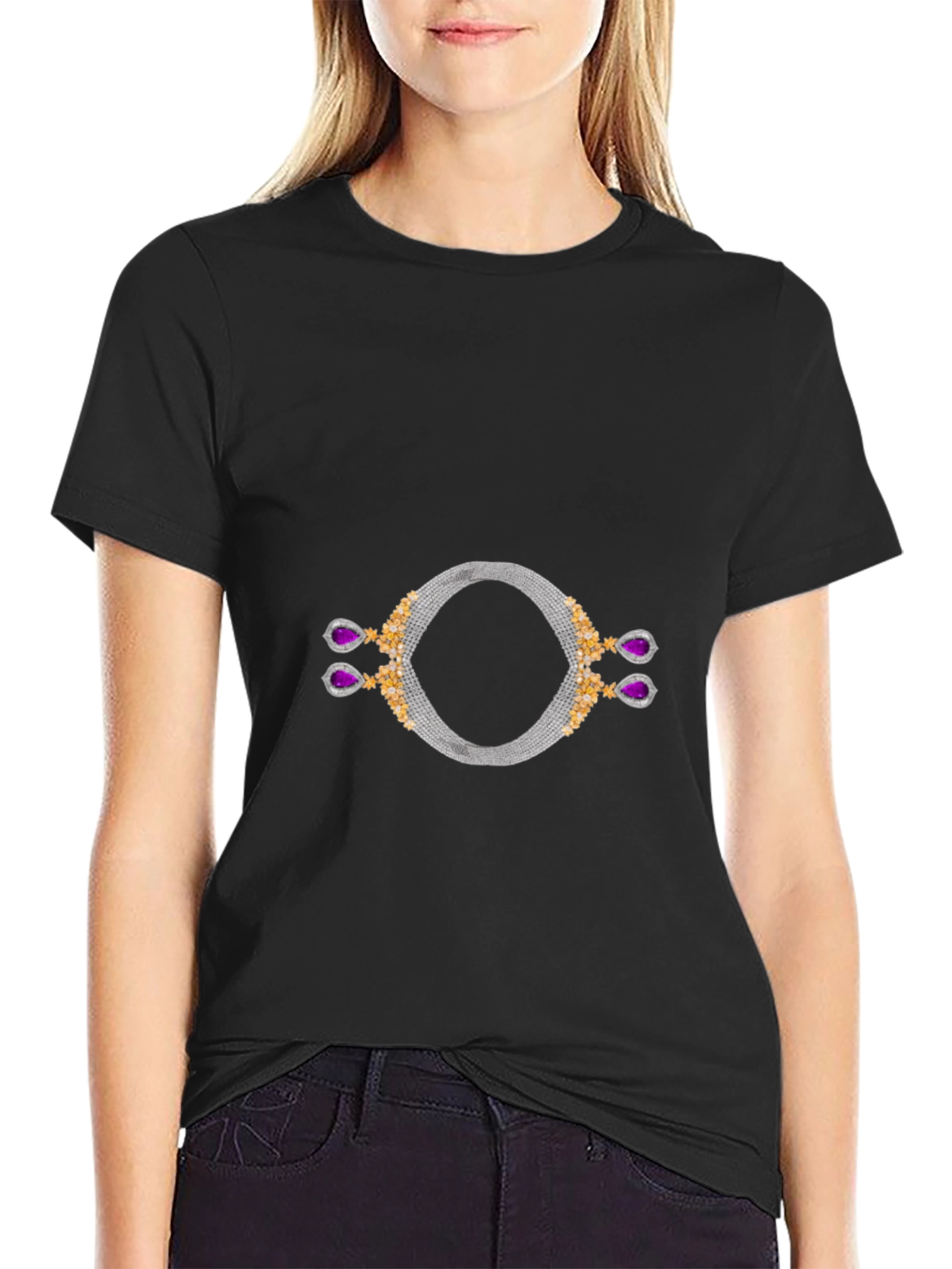 Stylish Black T-Shirt with Unique Jewelry Graphic