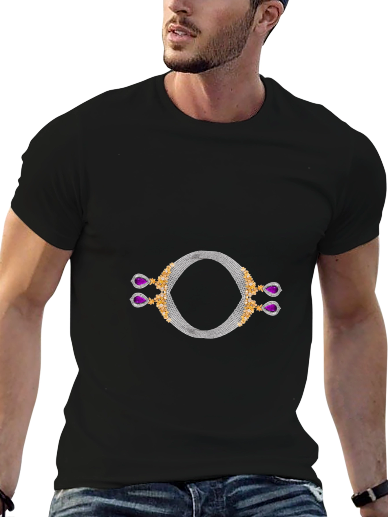 Stylish Black T-Shirt with Unique Jewelry Graphic