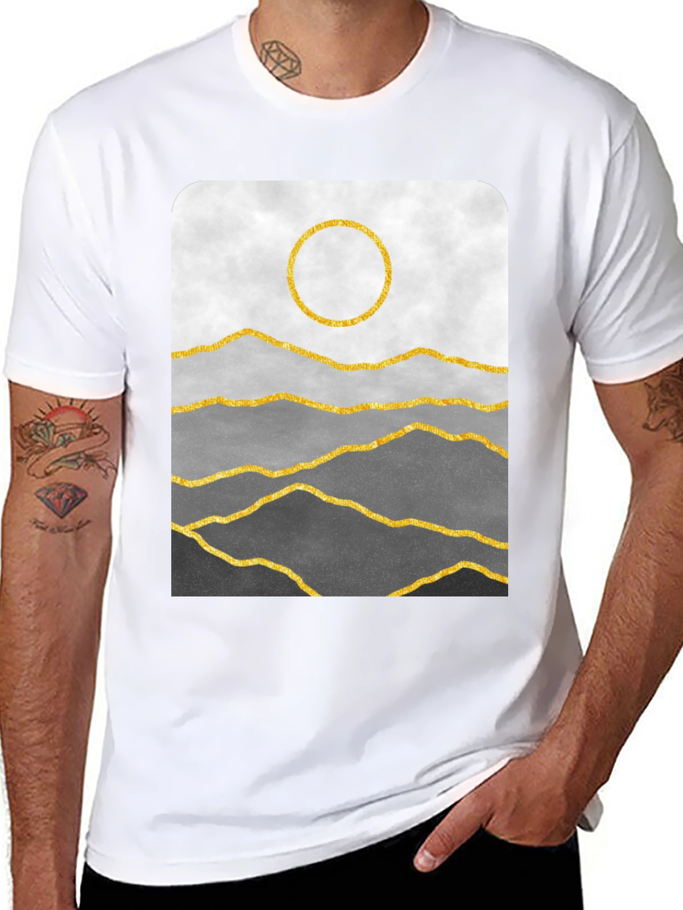 Minimalist Mountainscape T-Shirt - Golden Sun