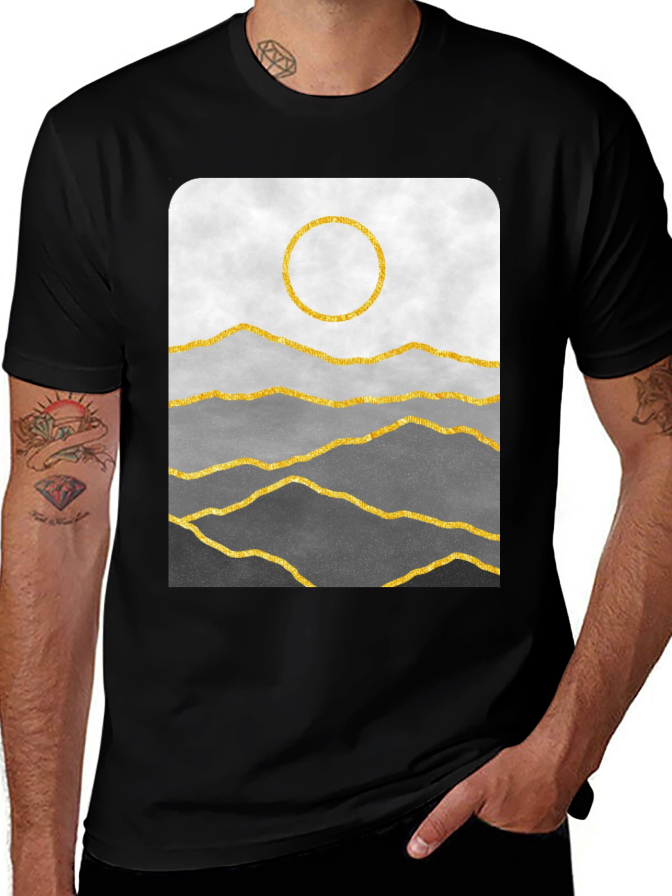 Minimalist Mountainscape T-Shirt - Golden Sun